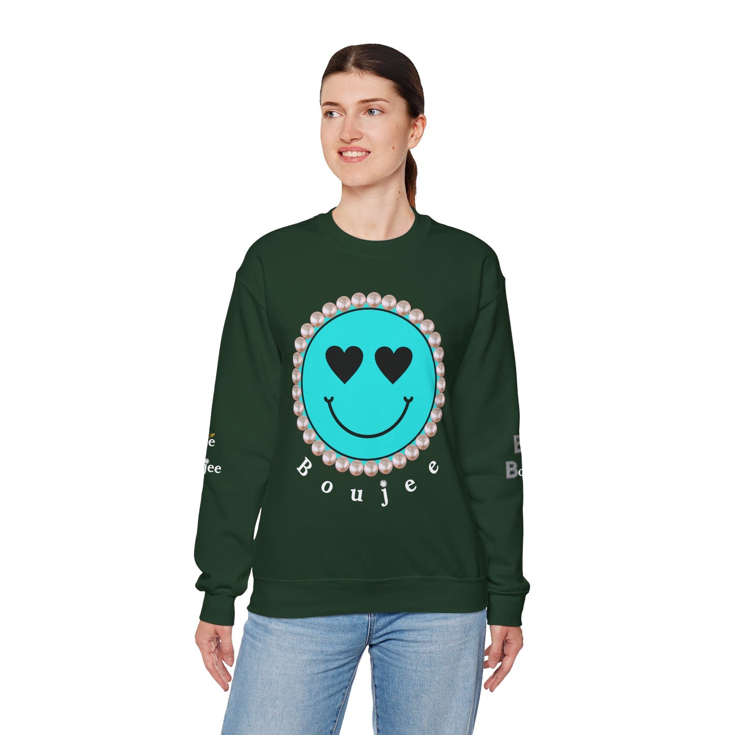 Bee Boujee - Boujee Smiley Face Turquoise in Diamonds Heavy Blend™ Dark Colors Crewneck Sweatshirt