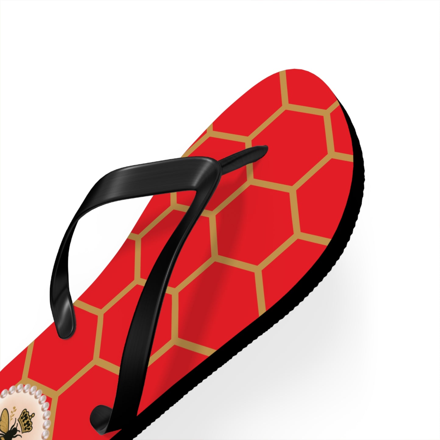 The Boujee Hive Crowned-Bee Flip-Flops (RED/Golden Honeycomb) - SMALL