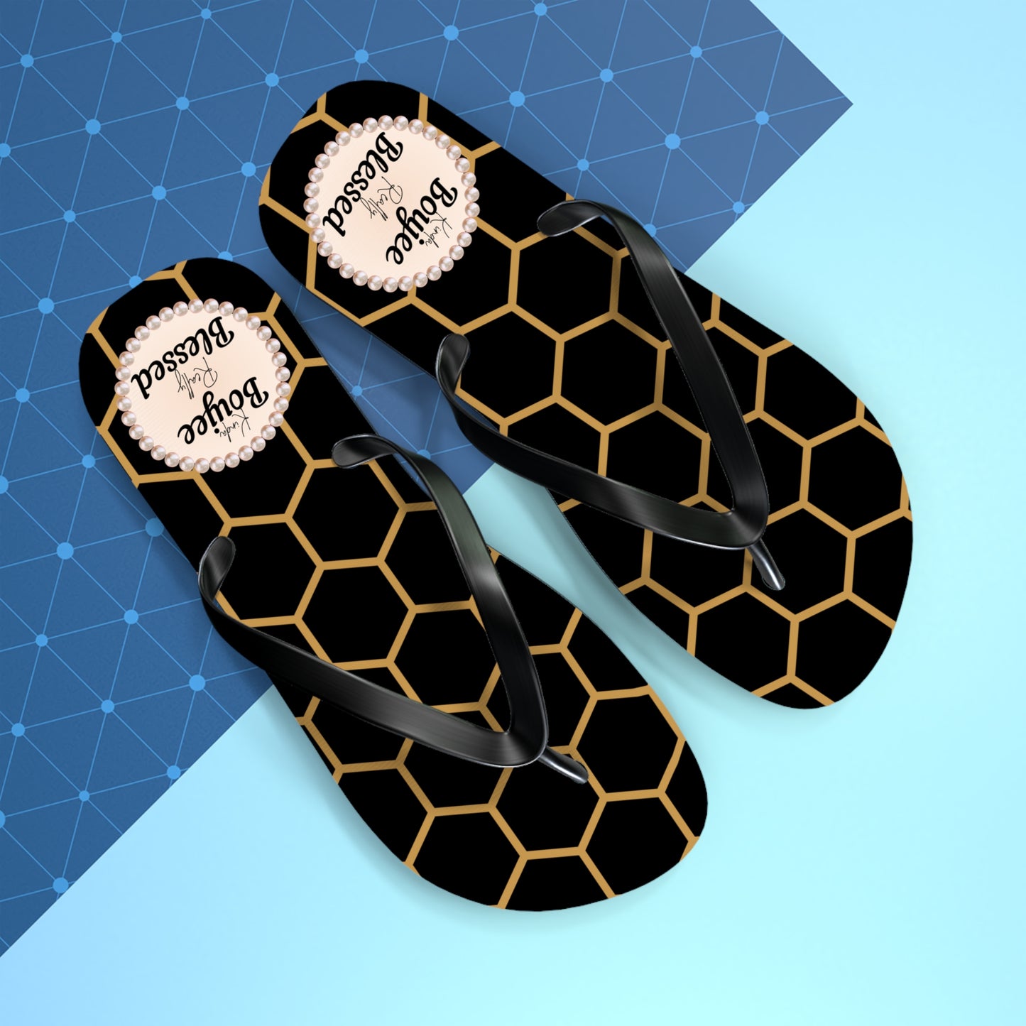 Kinda Boujee Really Blessed Flip Flops - BLACK Golden Honeycomb - EXTRA LARGE