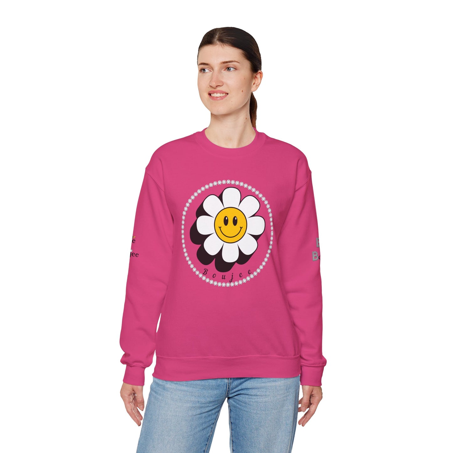 Boujee Flower Smiley Face White Gold - Heavy Blend™ Light Colors Crewneck Sweatshirt