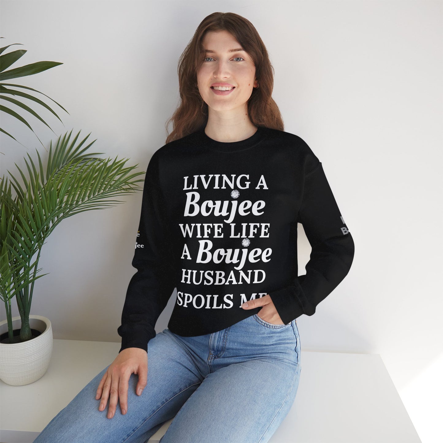 Living a Boujee Wife Life A Boujee Husband Spoils Me - Heavy Blend™ Dark Colors Crewneck Sweatshirt