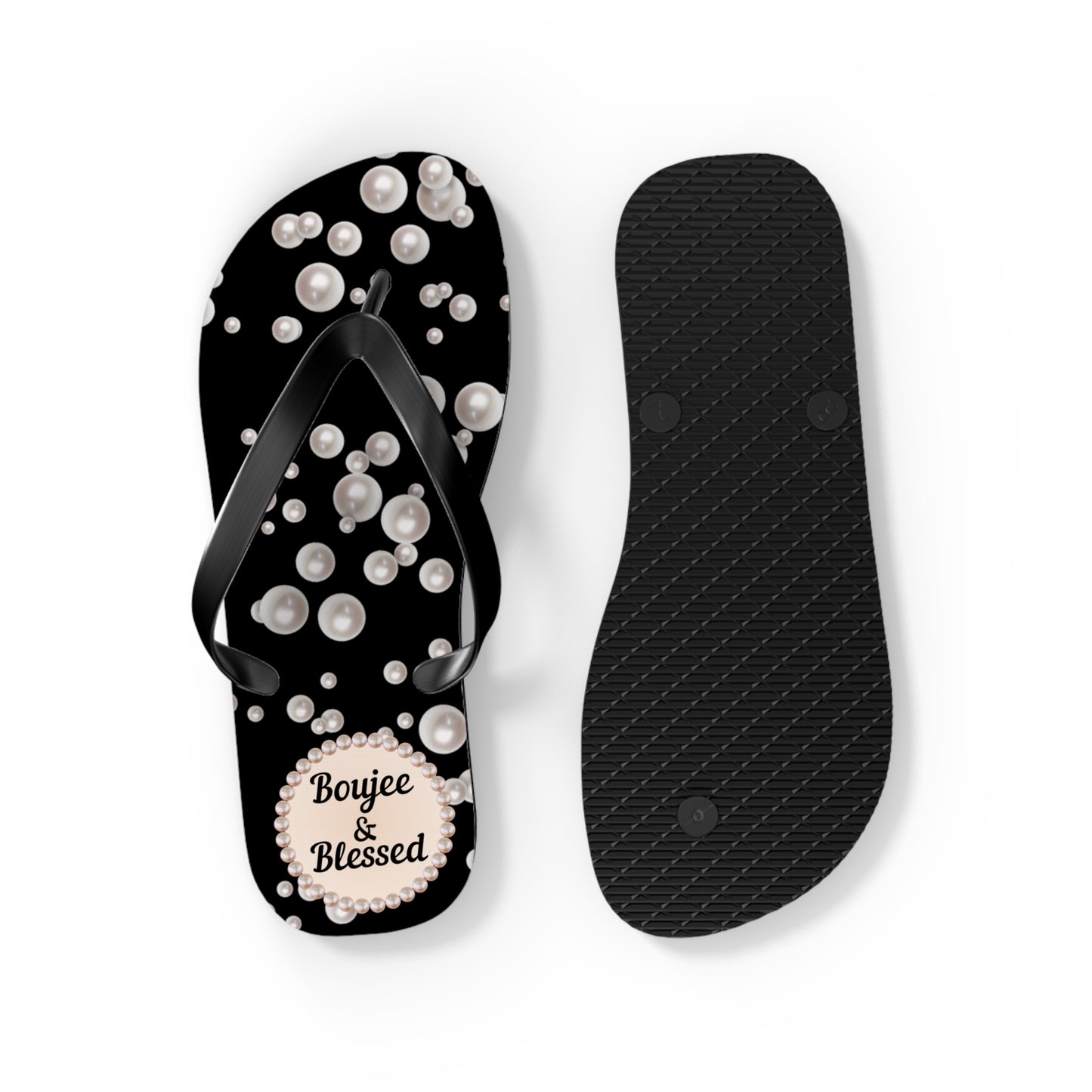 Boujee & Blessed Flip Flops - BLACK in Sea of Pearls - MEDIUM