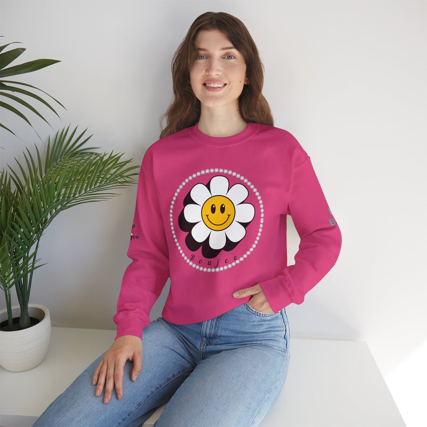 Boujee Flower Smiley Face White Gold - Heavy Blend™ Light Colors Crewneck Sweatshirt