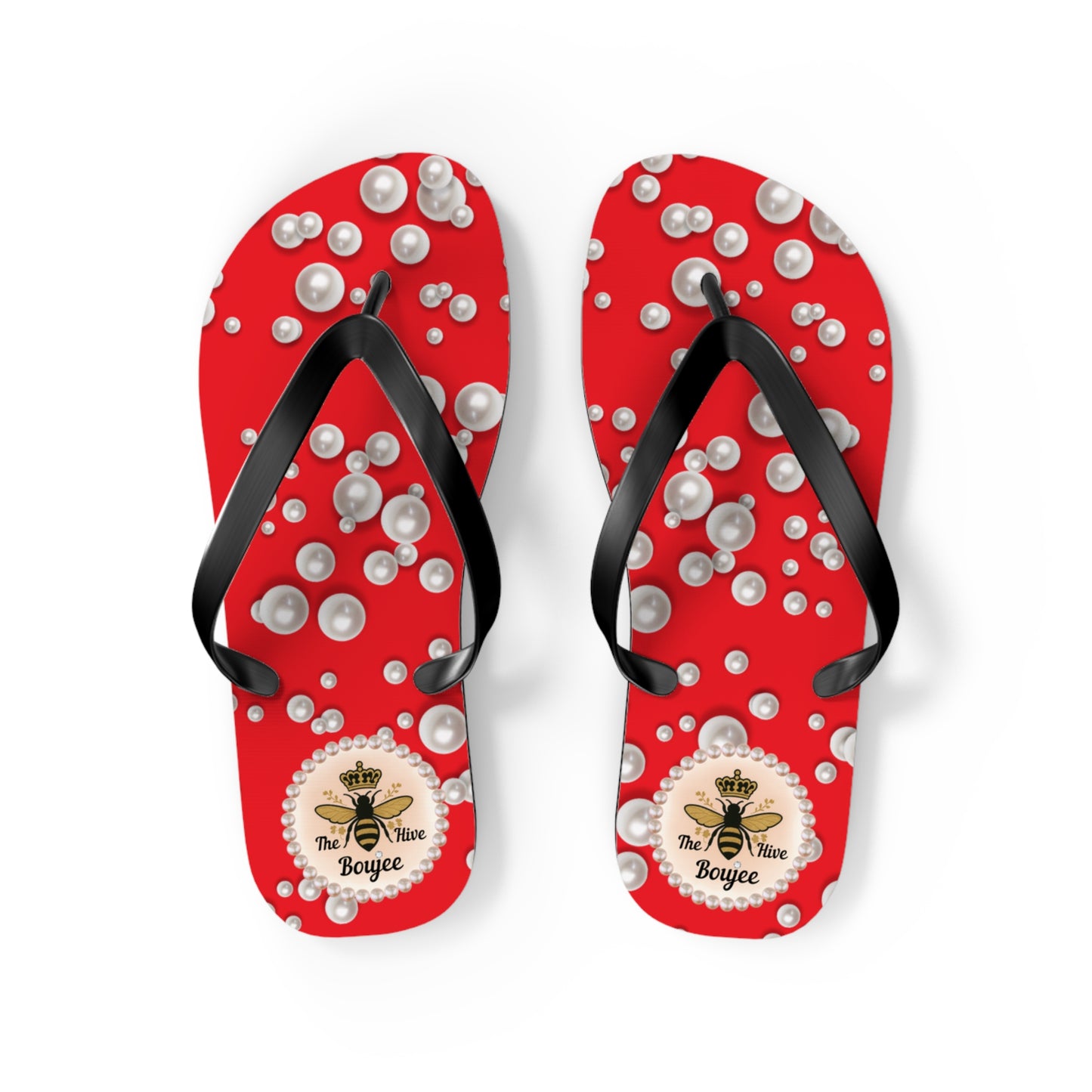 The Boujee Hive Flip Flops - RED in Sea of Pearls - MEDIUM