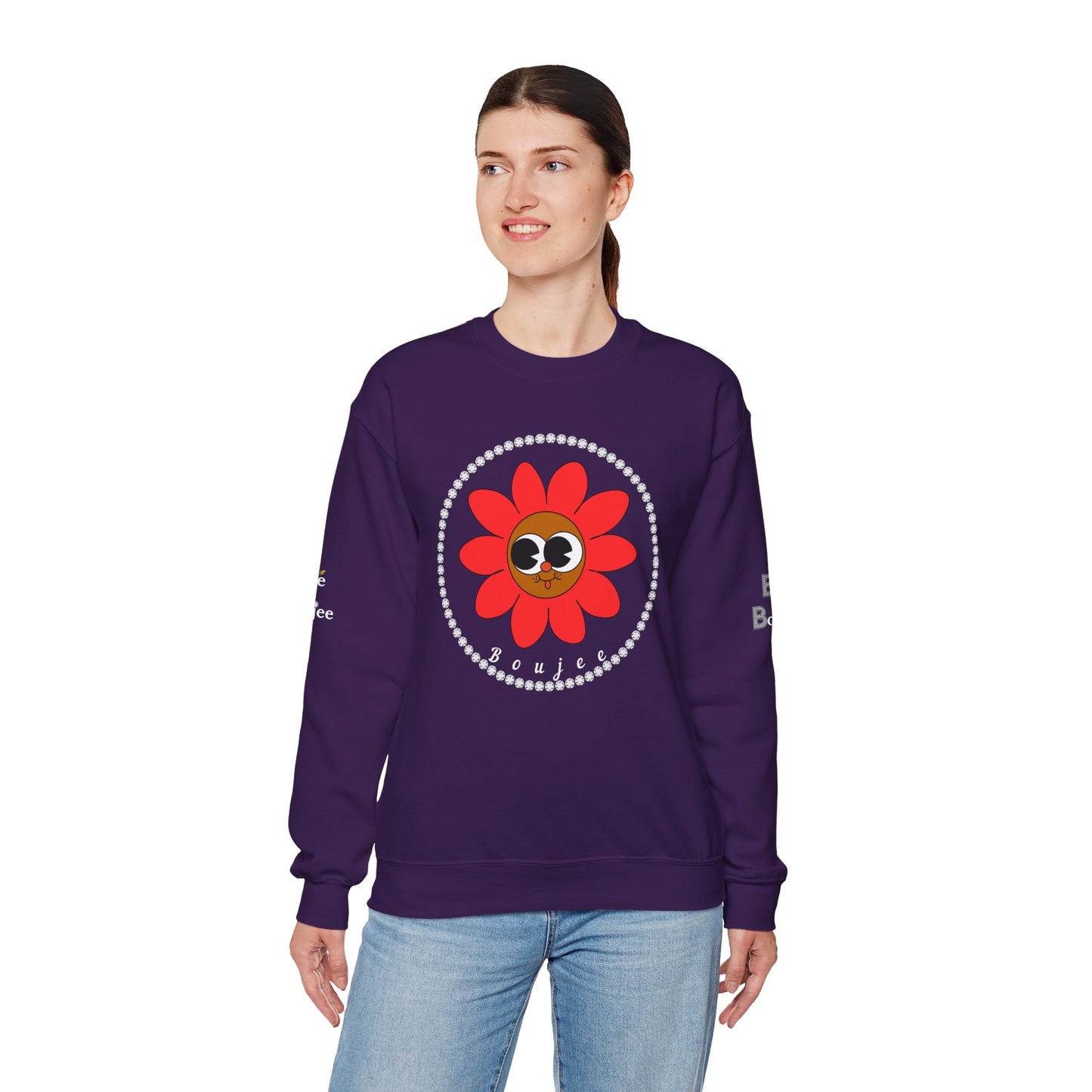 Boujee Flower Smiley Face Red Brown Wide-Eyed - Heavy Blend™ Dark Colors Crewneck Sweatshirt