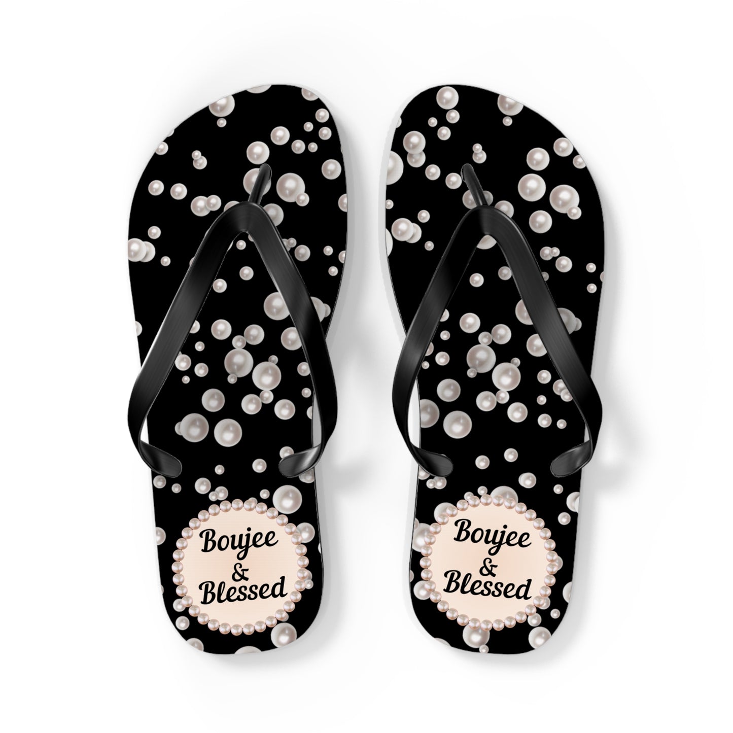 Boujee & Blessed Flip Flops - BLACK in Sea of Pearls - LARGE