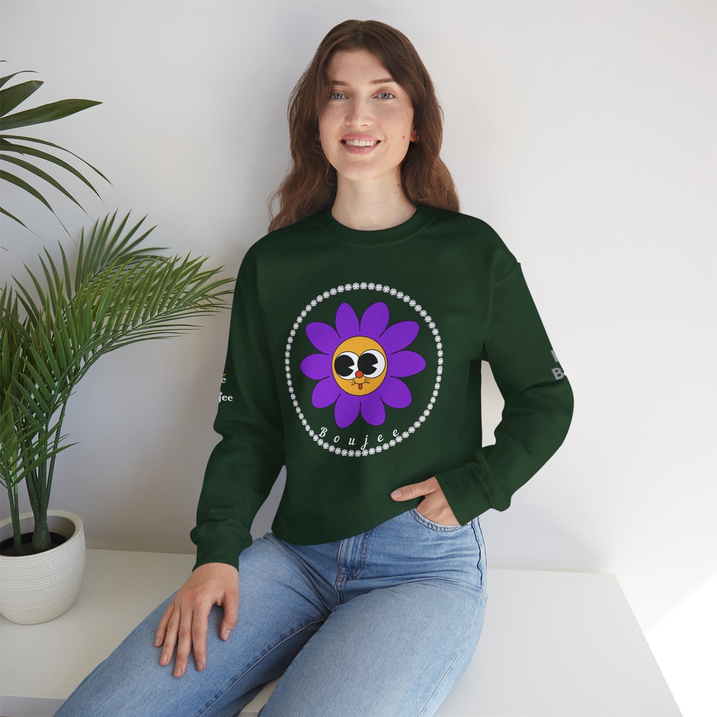 Boujee Flower Smiley Face Purple Gold Wide-Eyed - Heavy Blend™ Dark Colors Crewneck Sweatshirt