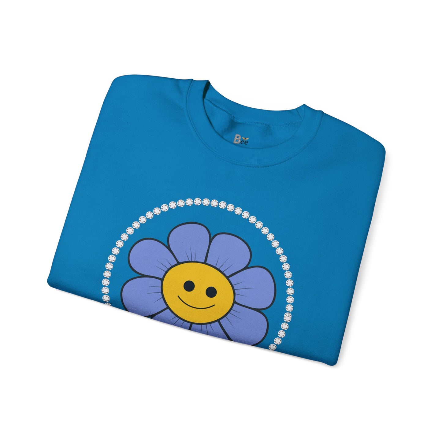 Boujee Flower Smiley Face Blue Gold - Heavy Blend™ Light Colors Crewneck Sweatshirt
