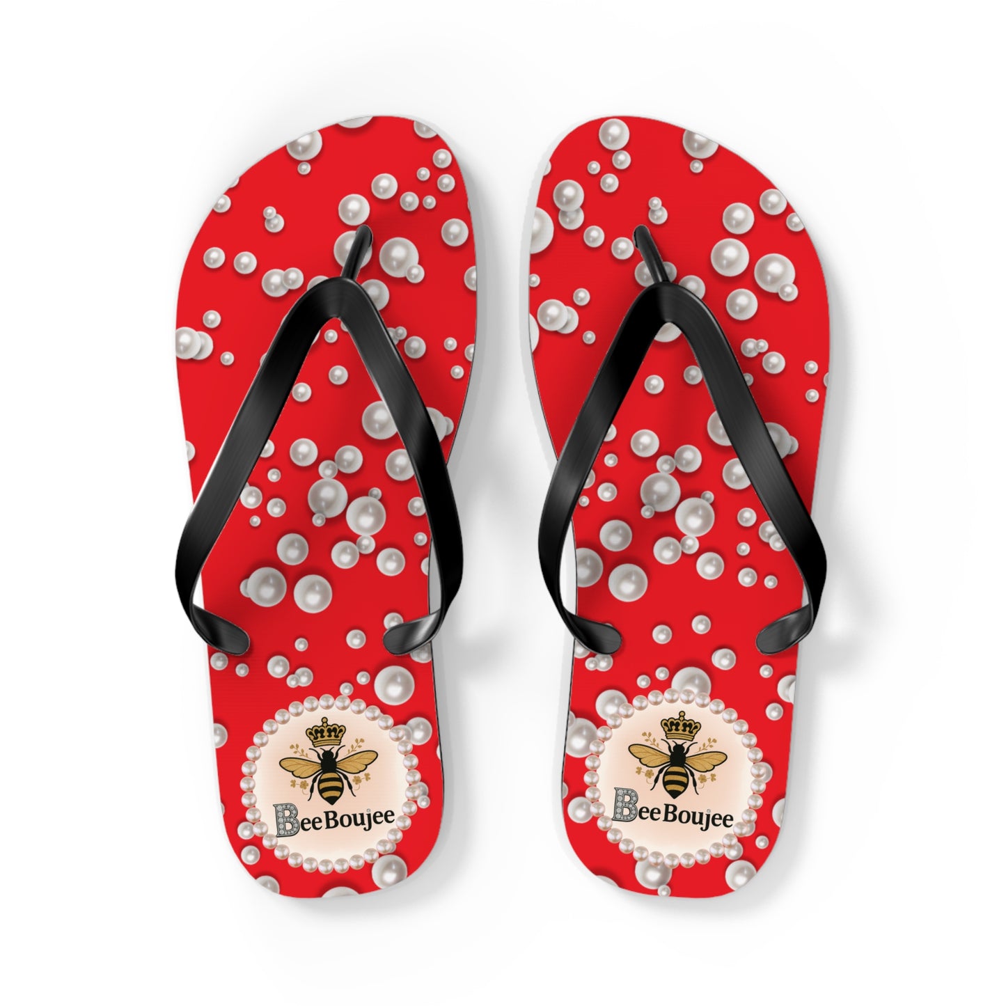 Bee Boujee Flip Flops - RED in Sea of Pearls - LARGE