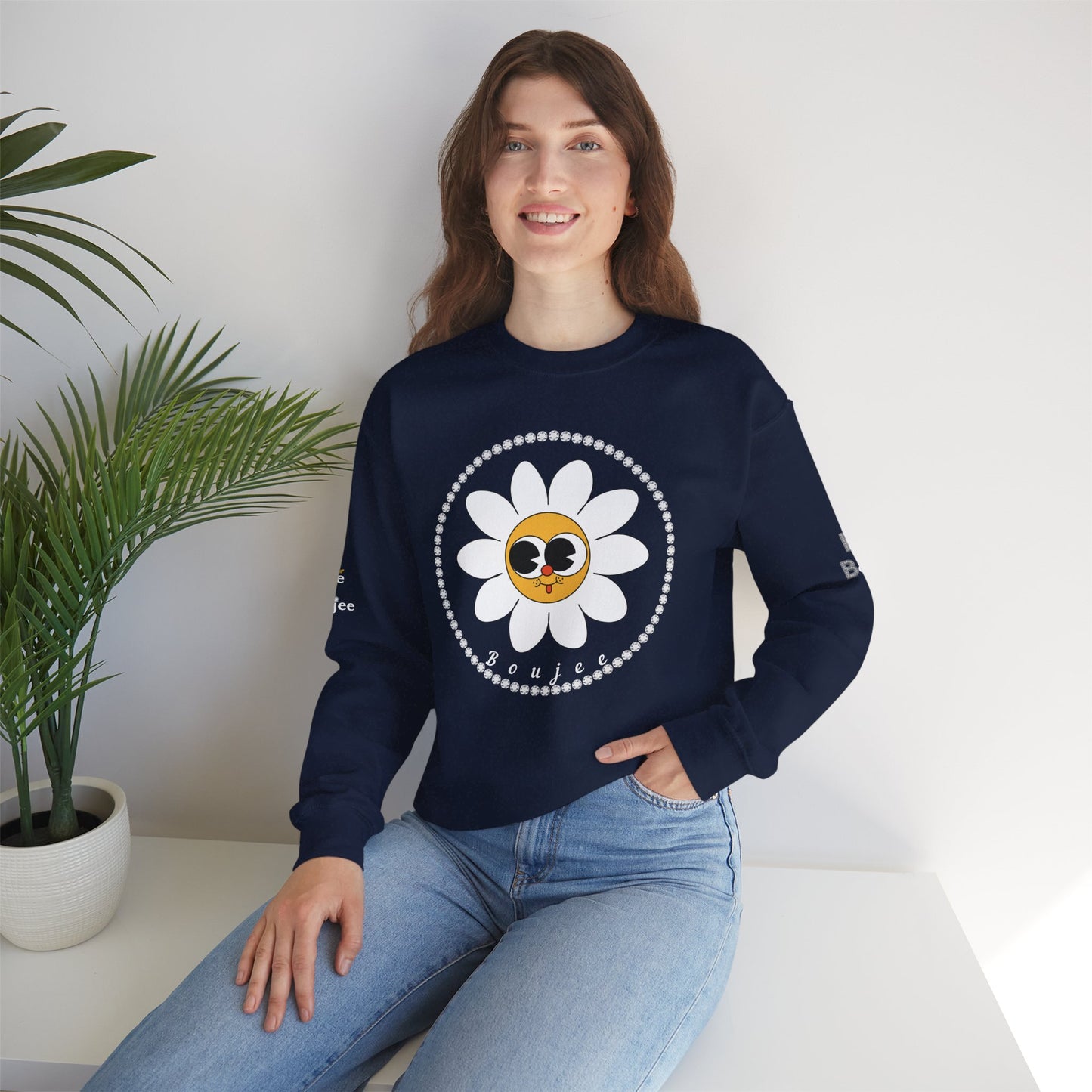Boujee Flower Smiley Face White Gold Wide-Eyed - Heavy Blend™ Dark Colors Crewneck Sweatshirt
