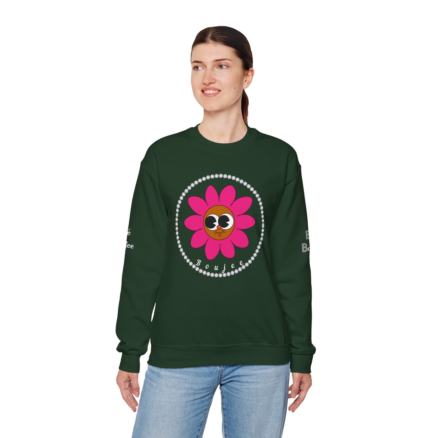 Boujee Flower Smiley Face Pink Brown Wide-Eyed - Heavy Blend™ Dark Colors Crewneck Sweatshirt