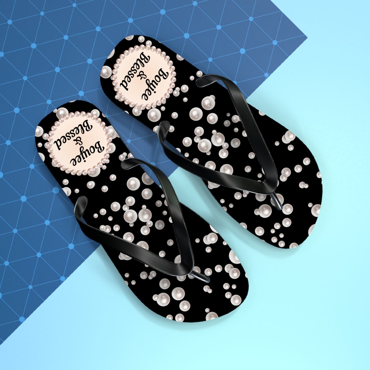 Boujee & Blessed Flip Flops - BLACK in Sea of Pearls - LARGE