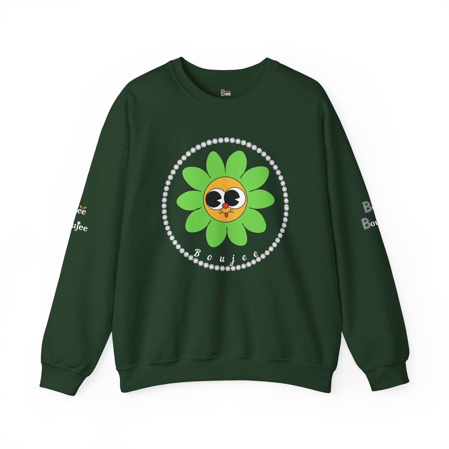 Boujee Flower Smiley Face Green Gold Wide-Eyed - Heavy Blend™ Dark Colors Crewneck Sweatshirt