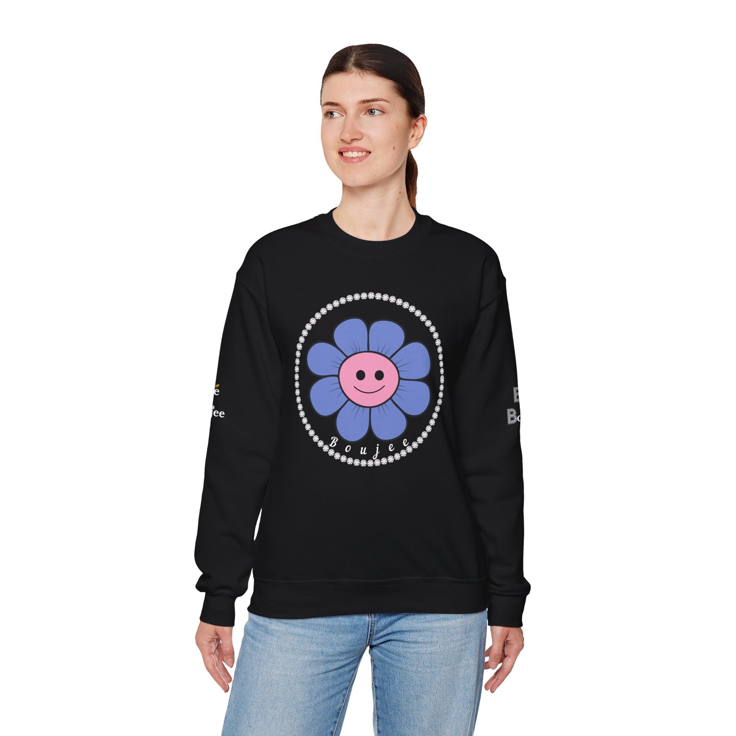 Boujee Flower Smiley Face Blue Pink - Heavy Blend™ Dark Colors Crewneck Sweatshirt