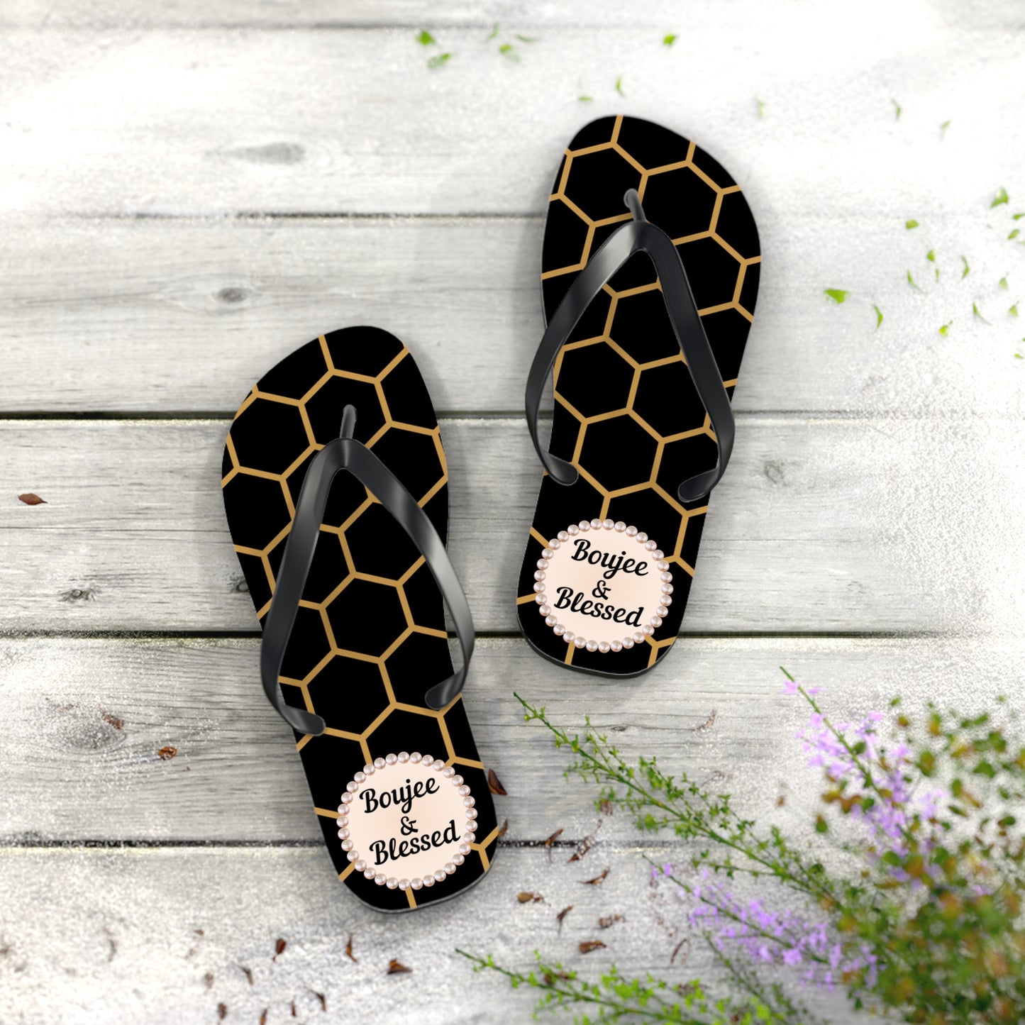 Boujee & Blessed Flip Flops - BLACK Golden Honeycomb - LARGE