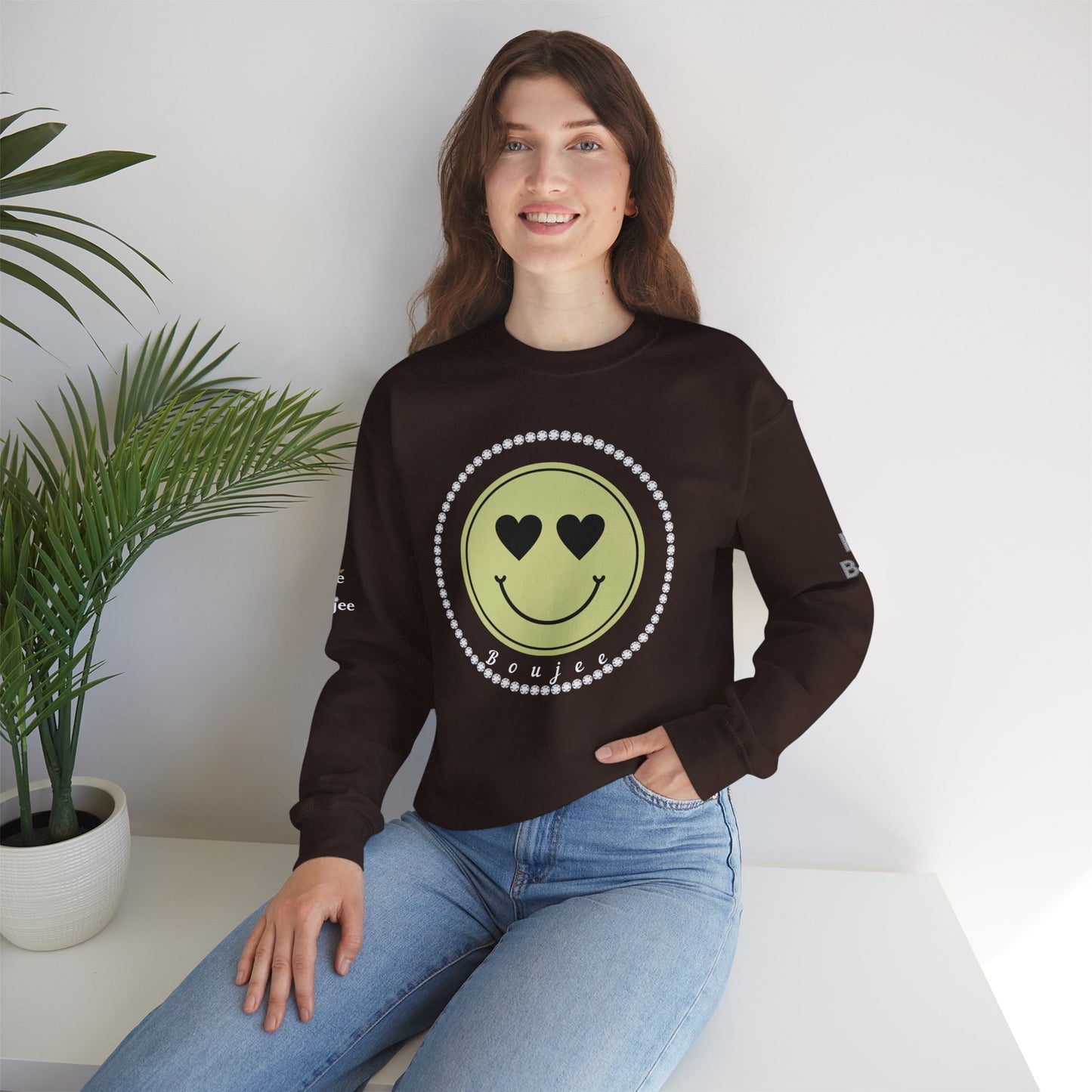 Boujee Smiley Face Beige Heart Eyes - Heavy Blend™ Dark Colors Crewneck Sweatshirt