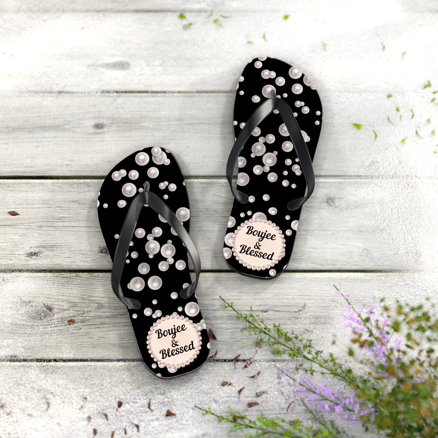 Boujee & Blessed Flip Flops - BLACK in Sea of Pearls - MEDIUM