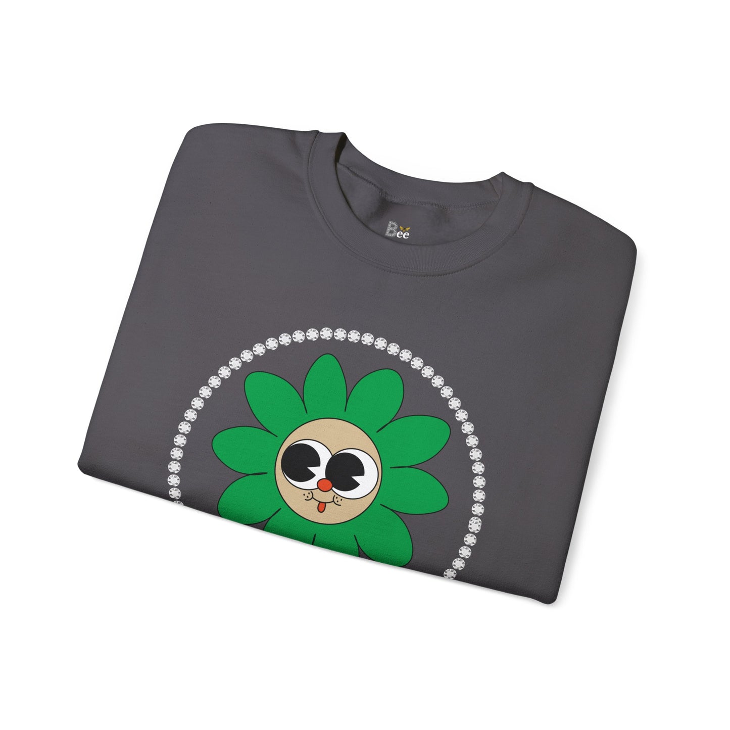 Boujee Flower Smiley Face Green Tan Wide-Eyed - Heavy Blend™ Dark Colors Crewneck Sweatshirt