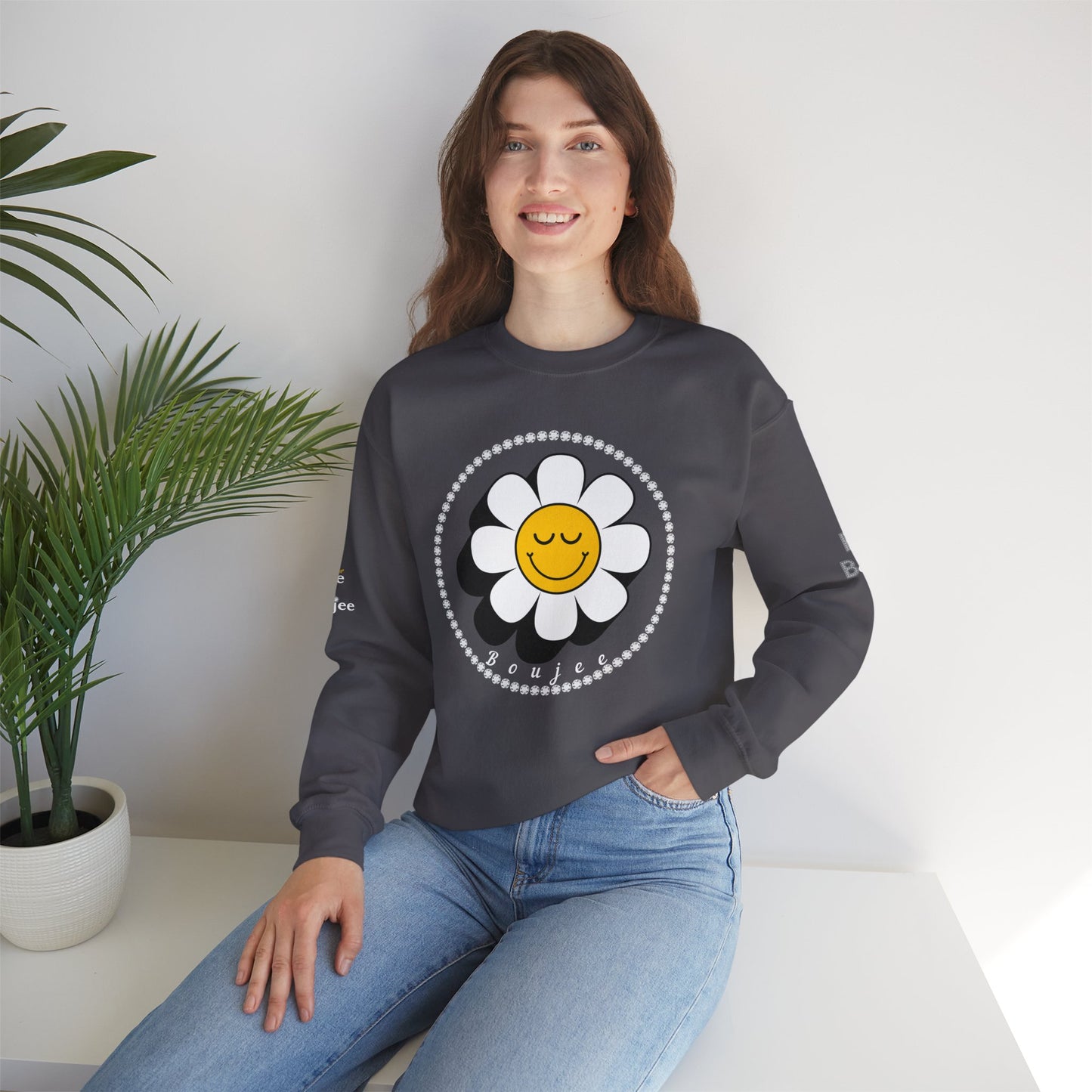 Boujee Flower Smiley Face Closed Eyes - Heavy Blend™ Dark Colors Crewneck Sweatshirt
