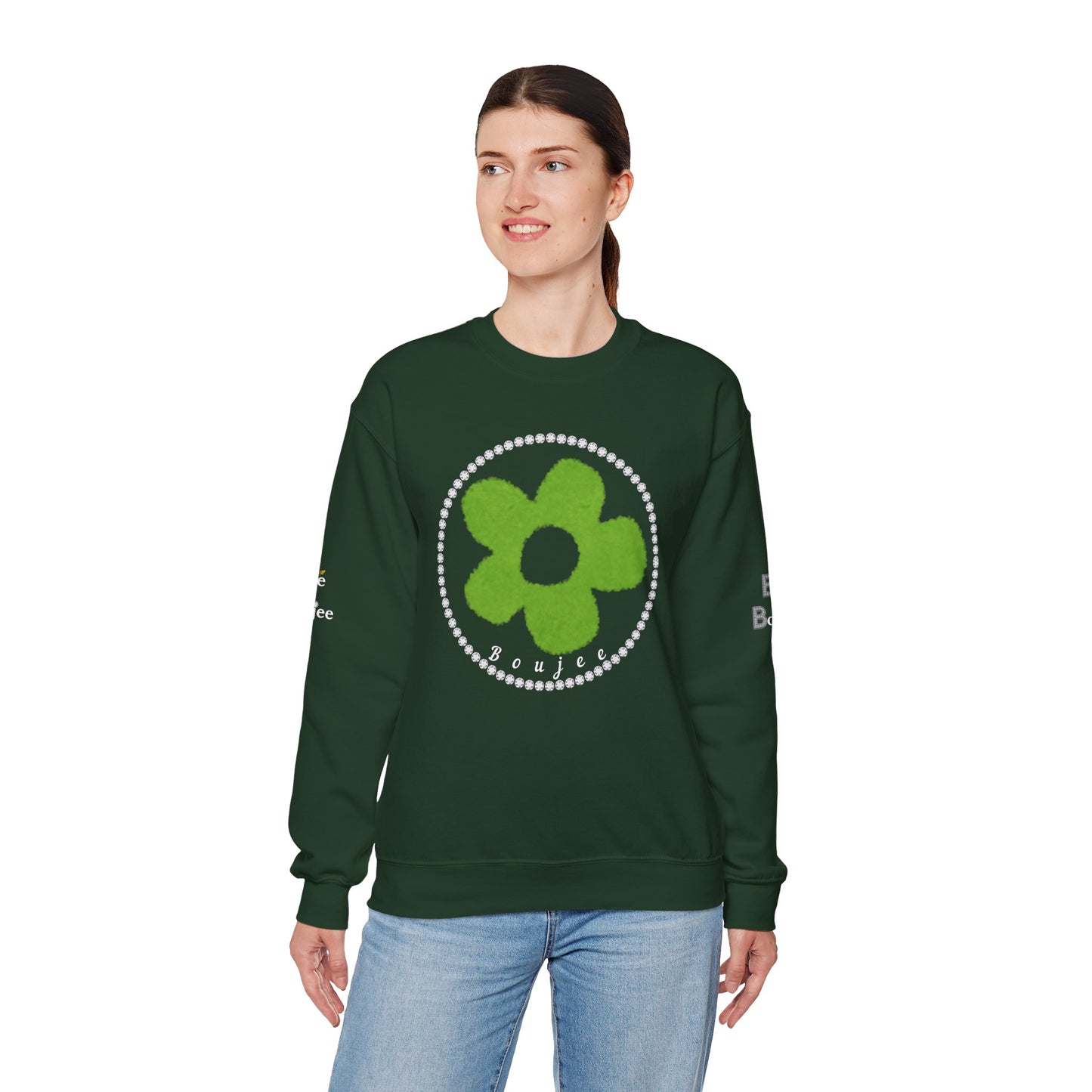 Boujee Fuzzy Green Flower- Heavy Blend™ Dark Colors Crewneck Sweatshirt