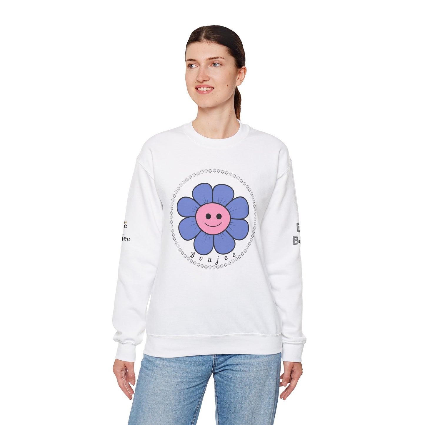 Boujee Flower Smiley Face Blue Pink - Heavy Blend™ Light Colors Crewneck Sweatshirt