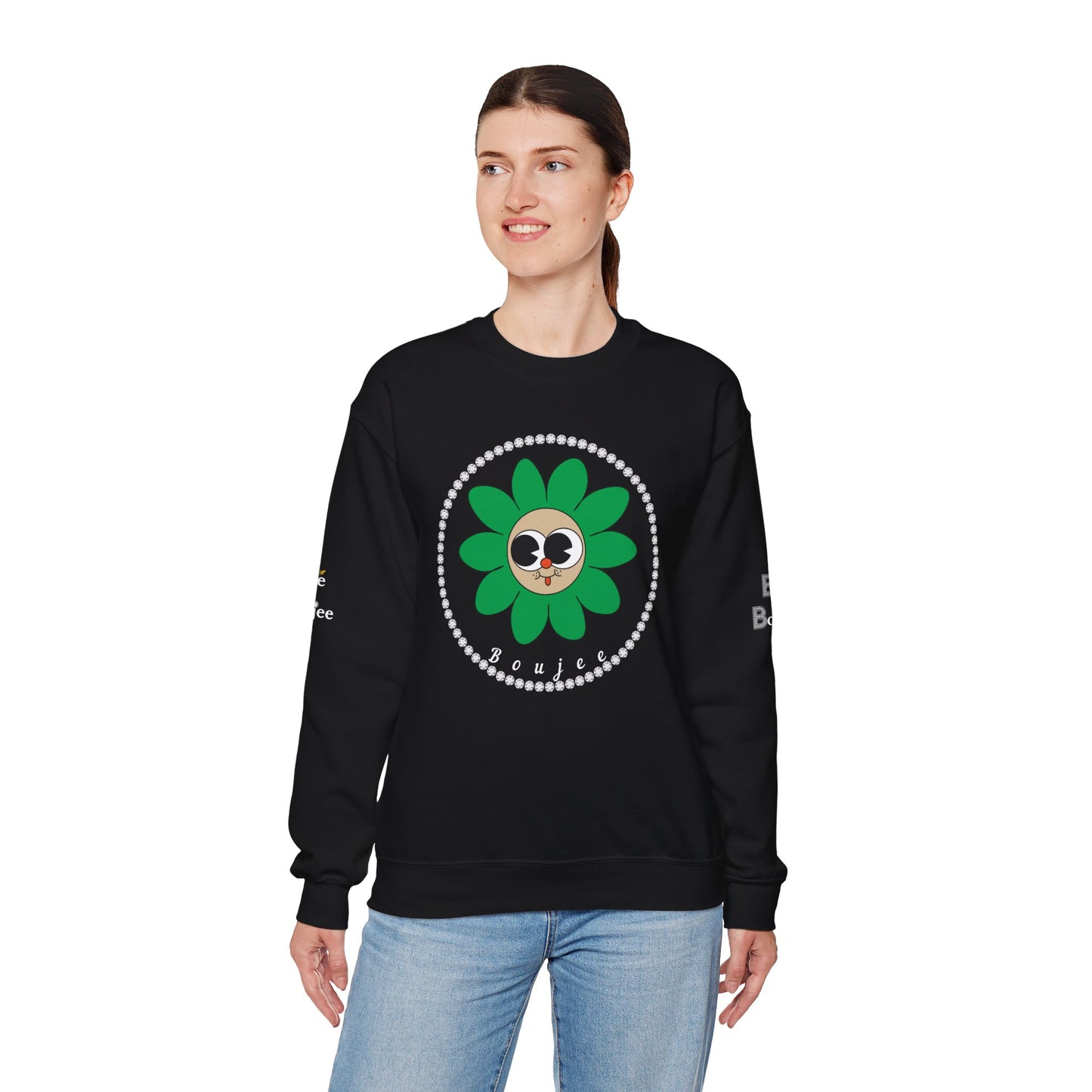 Boujee Flower Smiley Face Green Tan Wide-Eyed - Heavy Blend™ Dark Colors Crewneck Sweatshirt