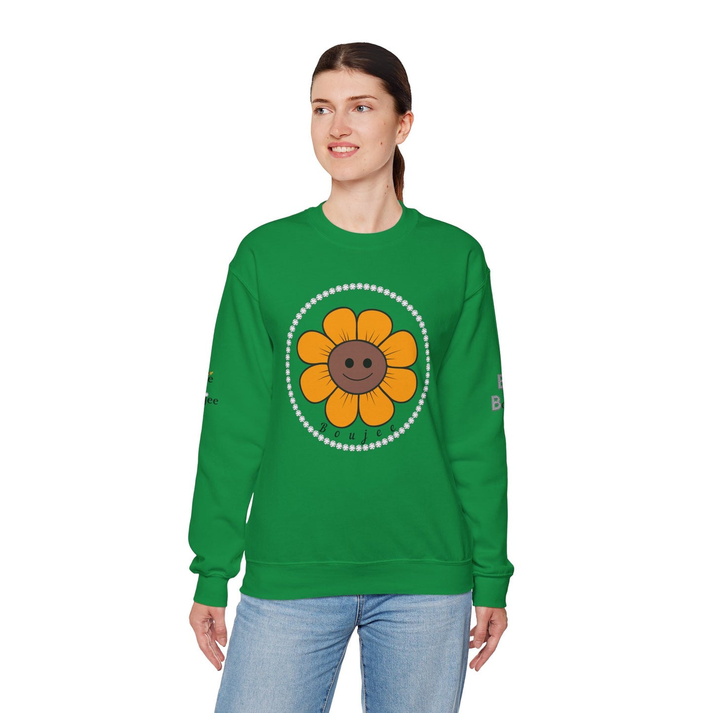 Boujee Flower Smiley Face Gold Brown - Heavy Blend™ Light Colors Crewneck Sweatshirt
