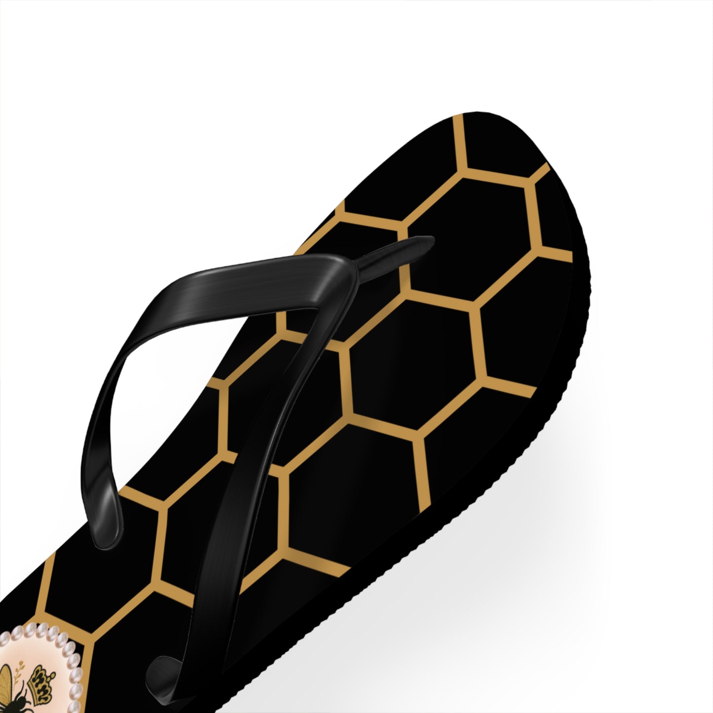 The Boujee Hive Crowned-Bee Flip-Flops (BLACK/Golden Honeycomb) - SMALL