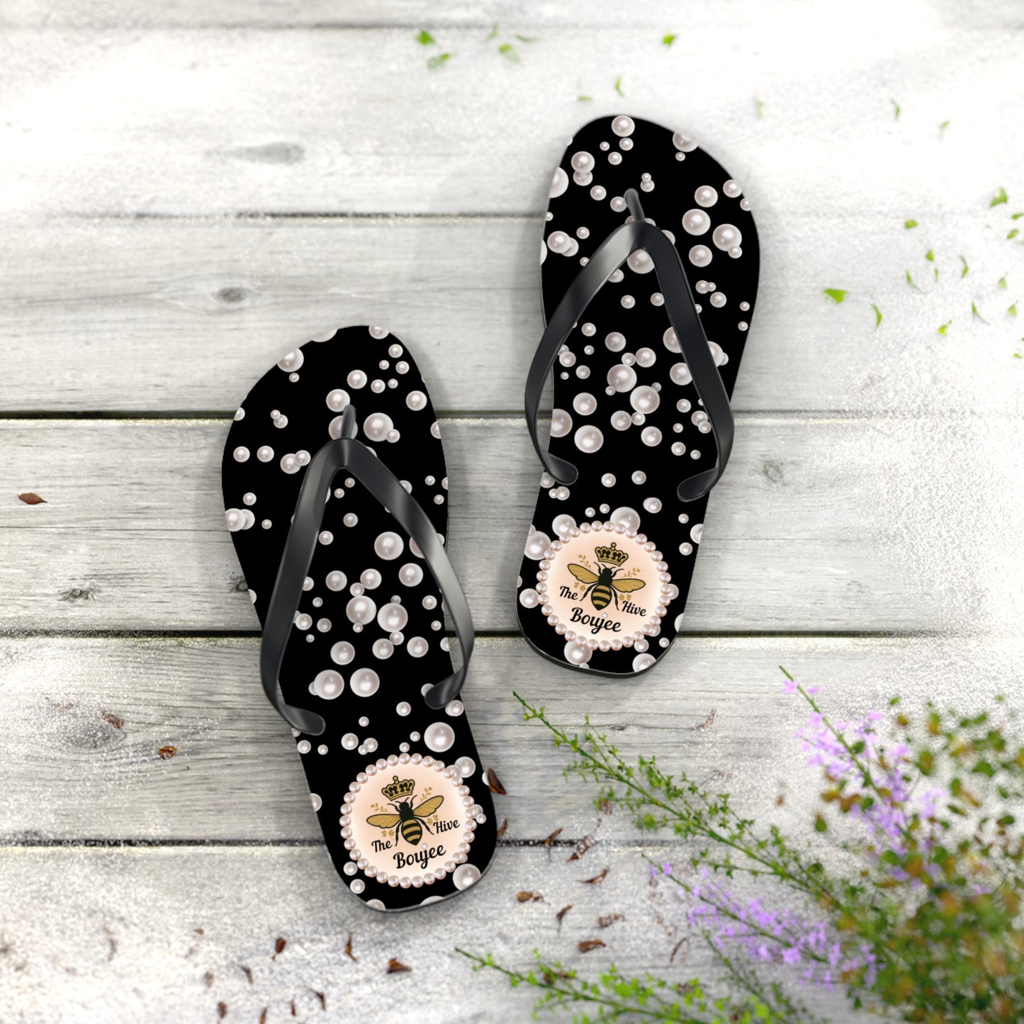 The Boujee Hive Flip Flops - BLACK in Sea of Pearls - LARGE