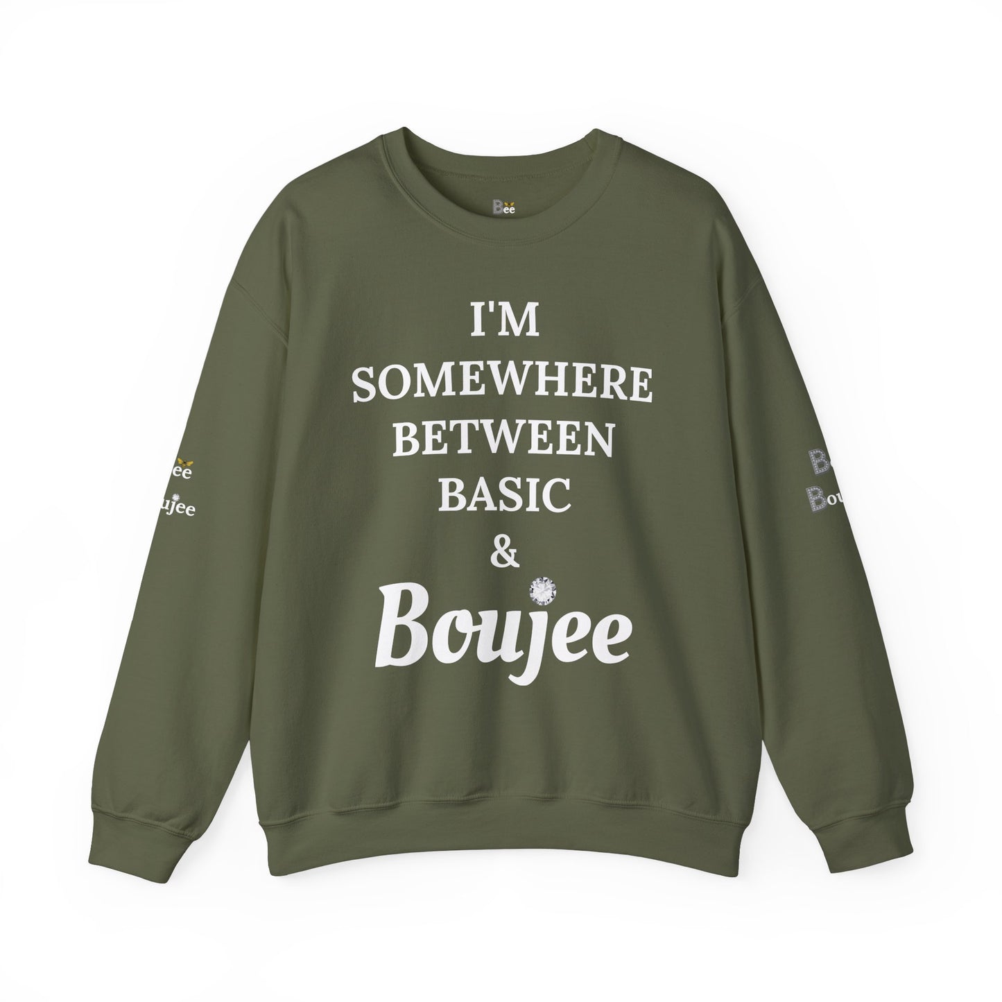 I'm Somewhere Between Basic & Boujee - Heavy Blend™ Dark Colors Crewneck Sweatshirt