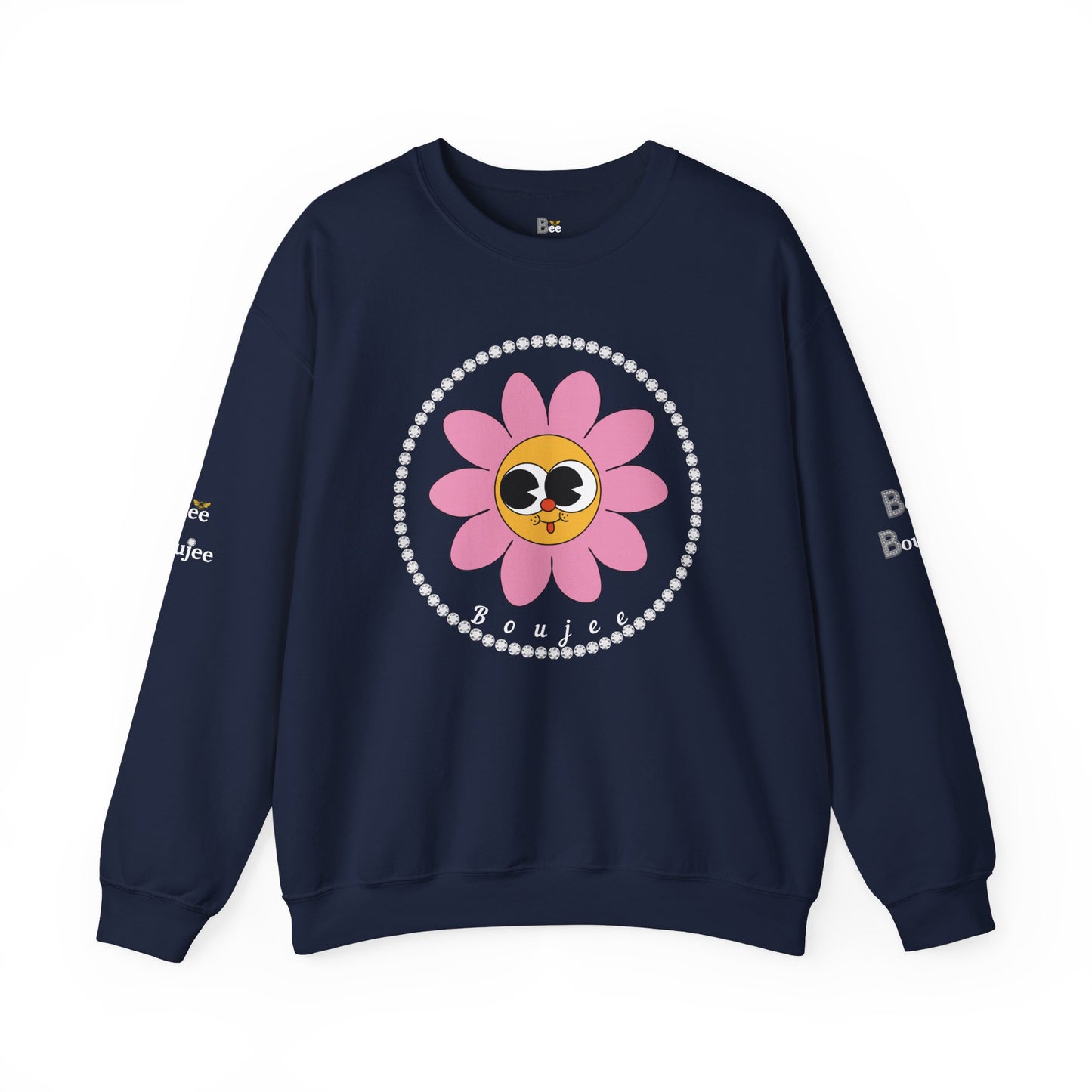 Boujee Flower Smiley Face Pink Gold Wide-Eyed - Heavy Blend™ Dark Colors Crewneck Sweatshirt