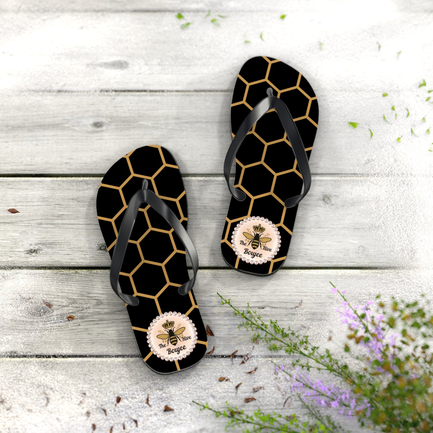 The Boujee Hive Flip Flops - BLACK Golden Honeycomb - MEDIUM