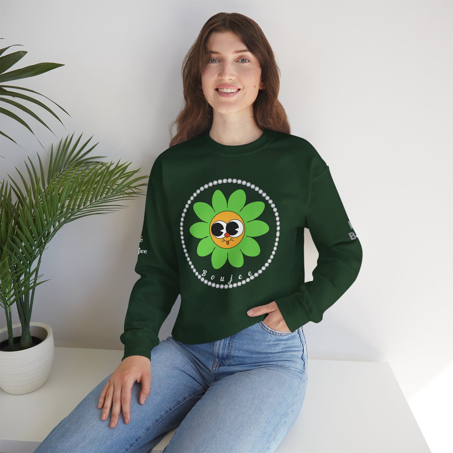 Boujee Flower Smiley Face Green Gold Wide-Eyed - Heavy Blend™ Dark Colors Crewneck Sweatshirt