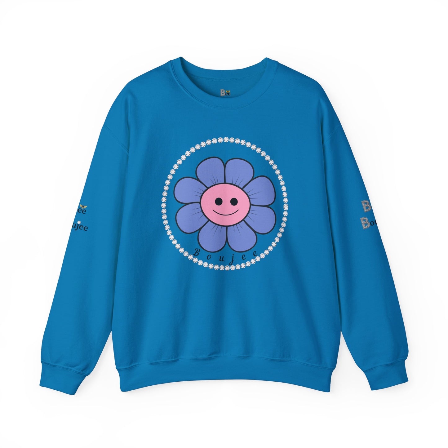 Boujee Flower Smiley Face Blue Pink - Heavy Blend™ Light Colors Crewneck Sweatshirt