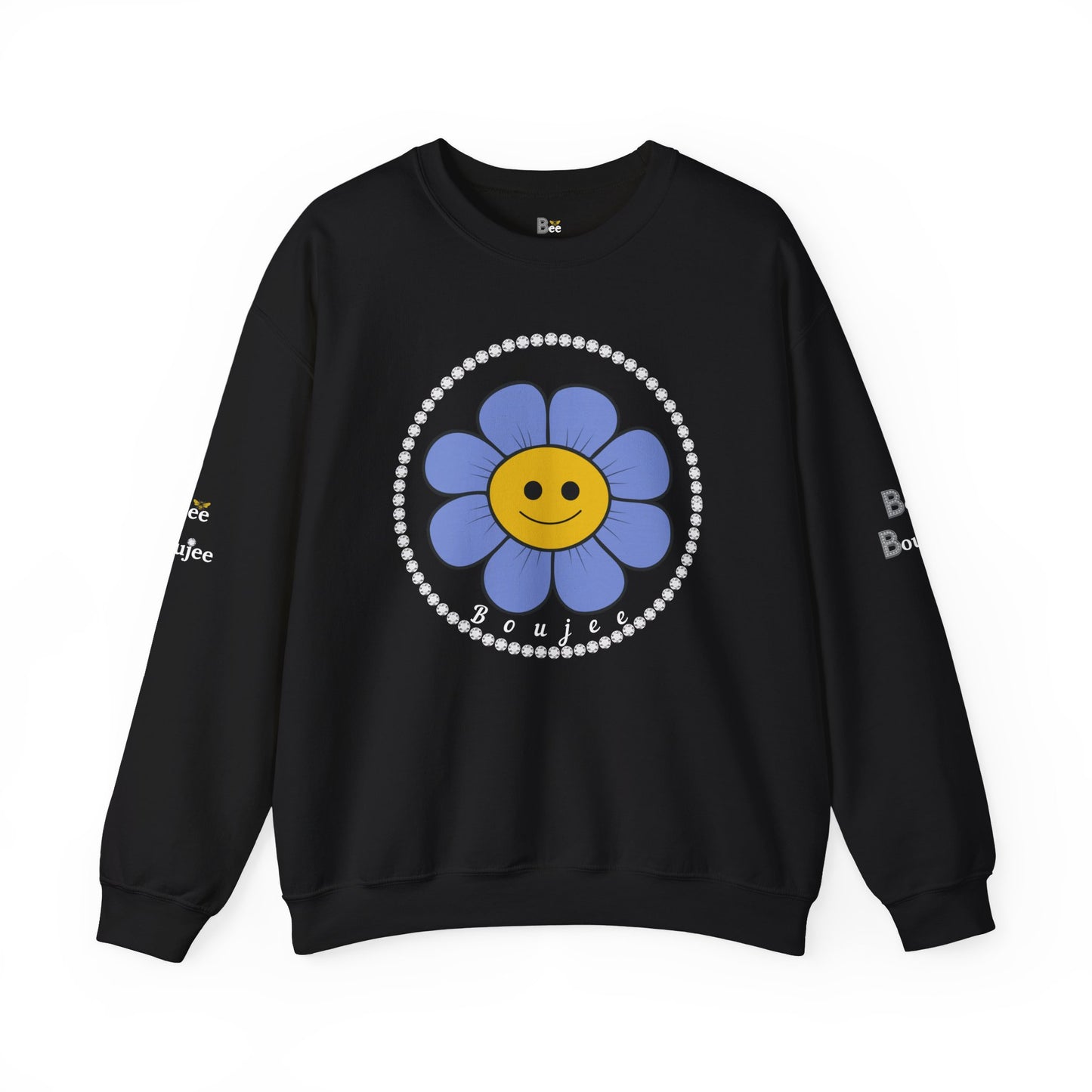 Boujee Flower Smiley Face Blue Gold - Heavy Blend™ Dark Colors Crewneck Sweatshirt