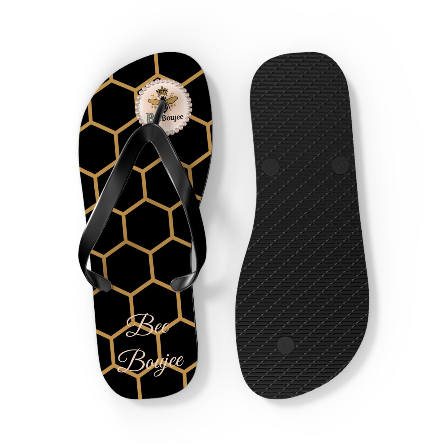 Bee Boujee Golden Honeycomb Flip-Flops (Black & Gold) - LARGE