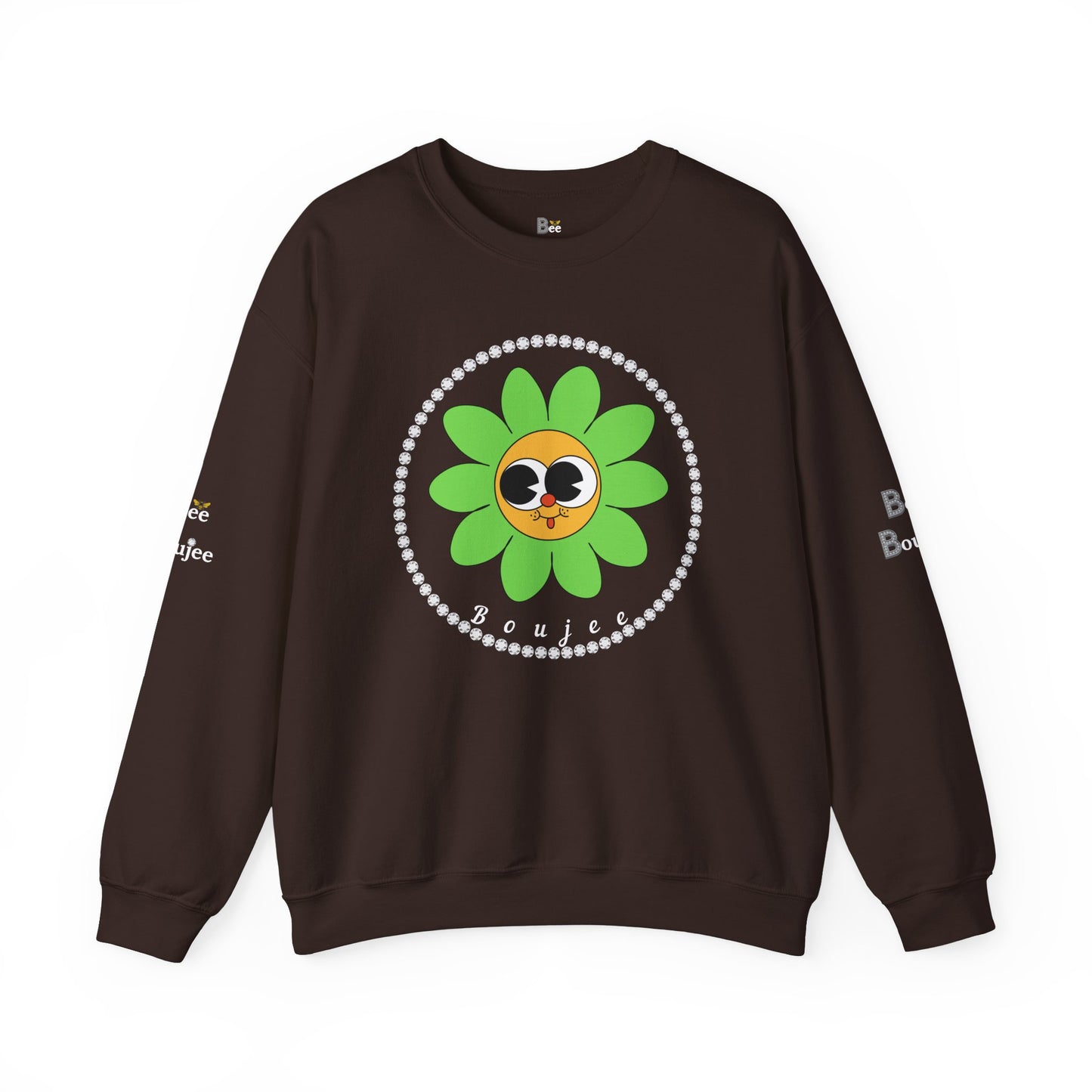 Boujee Flower Smiley Face Green Gold Wide-Eyed - Heavy Blend™ Dark Colors Crewneck Sweatshirt