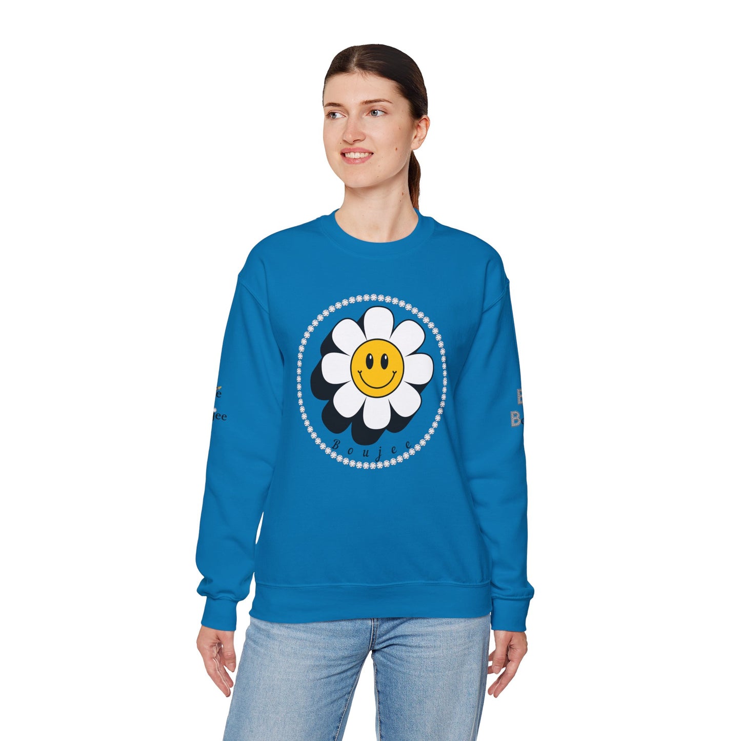 Boujee Flower Smiley Face White Gold - Heavy Blend™ Light Colors Crewneck Sweatshirt