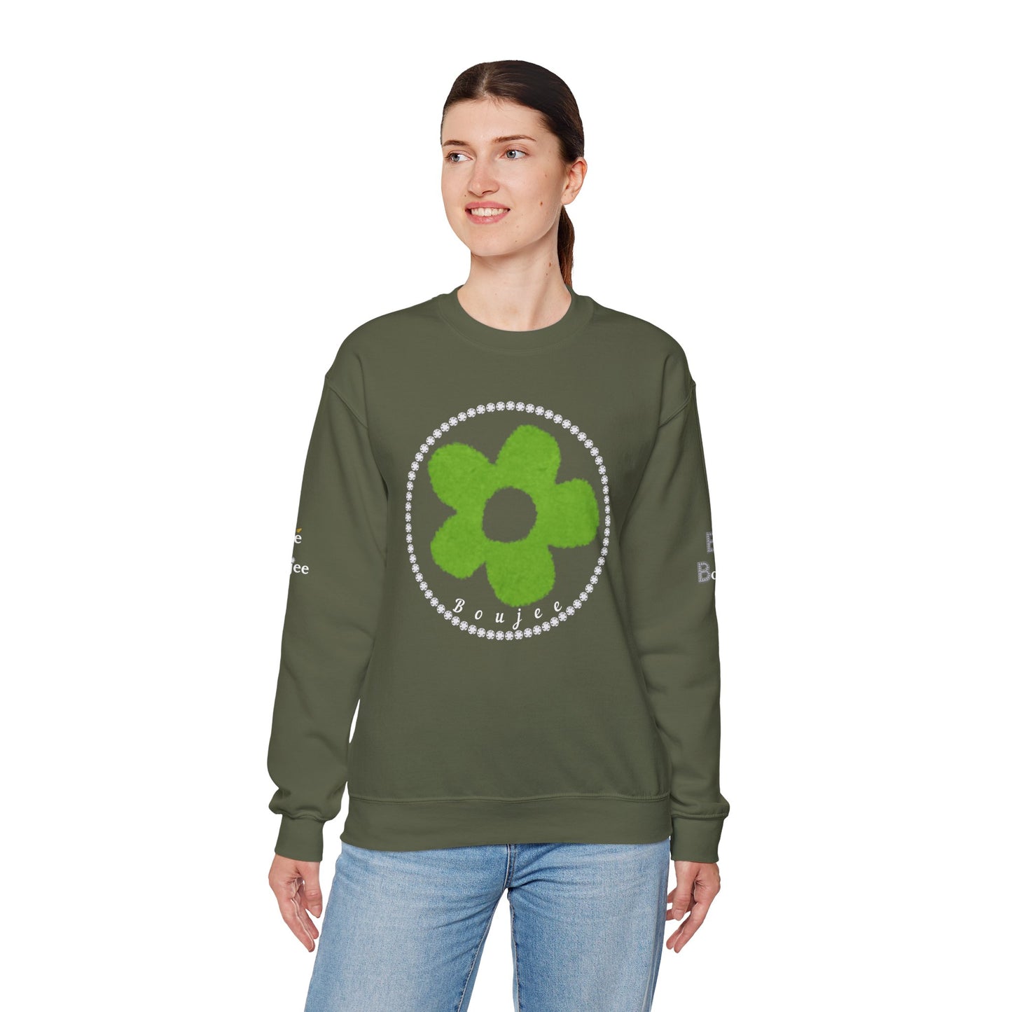 Boujee Fuzzy Green Flower- Heavy Blend™ Dark Colors Crewneck Sweatshirt