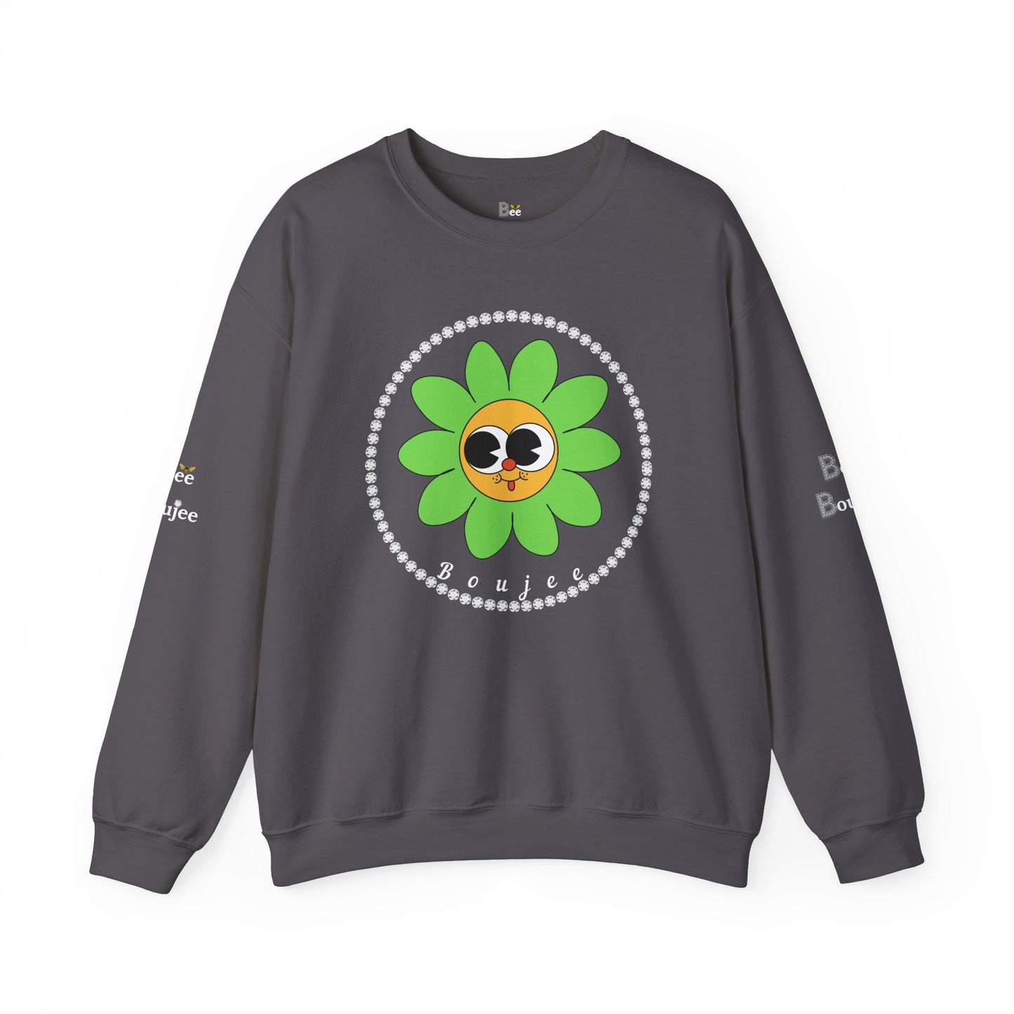 Boujee Flower Smiley Face Green Gold Wide-Eyed - Heavy Blend™ Dark Colors Crewneck Sweatshirt