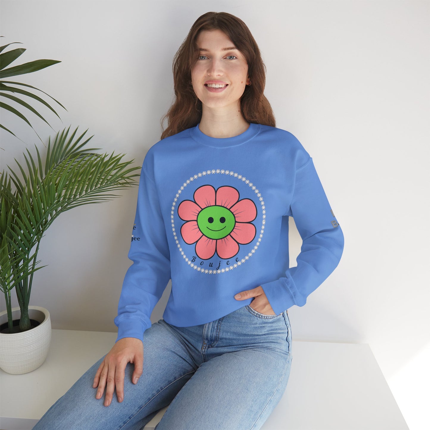 Boujee Flower Smiley Face Pink Green - Heavy Blend™ Light Colors Crewneck Sweatshirt