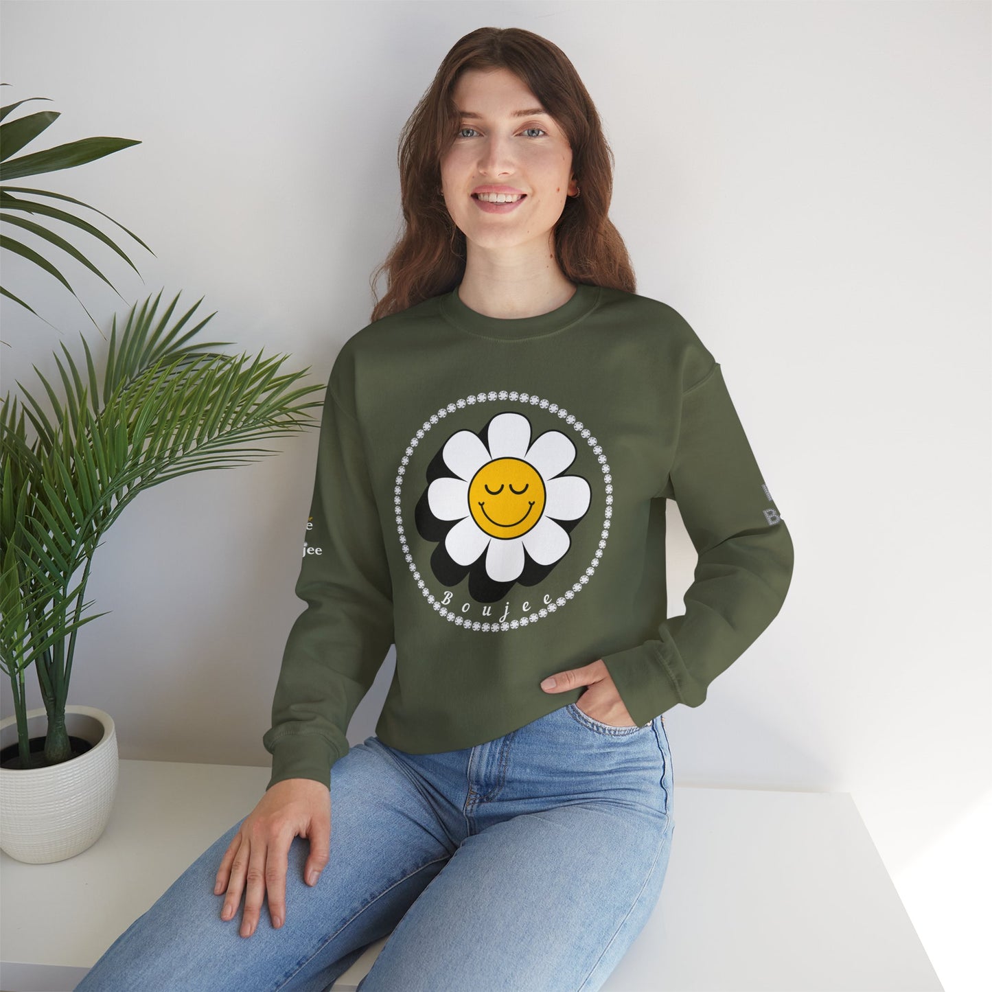 Boujee Flower Smiley Face Closed Eyes - Heavy Blend™ Dark Colors Crewneck Sweatshirt