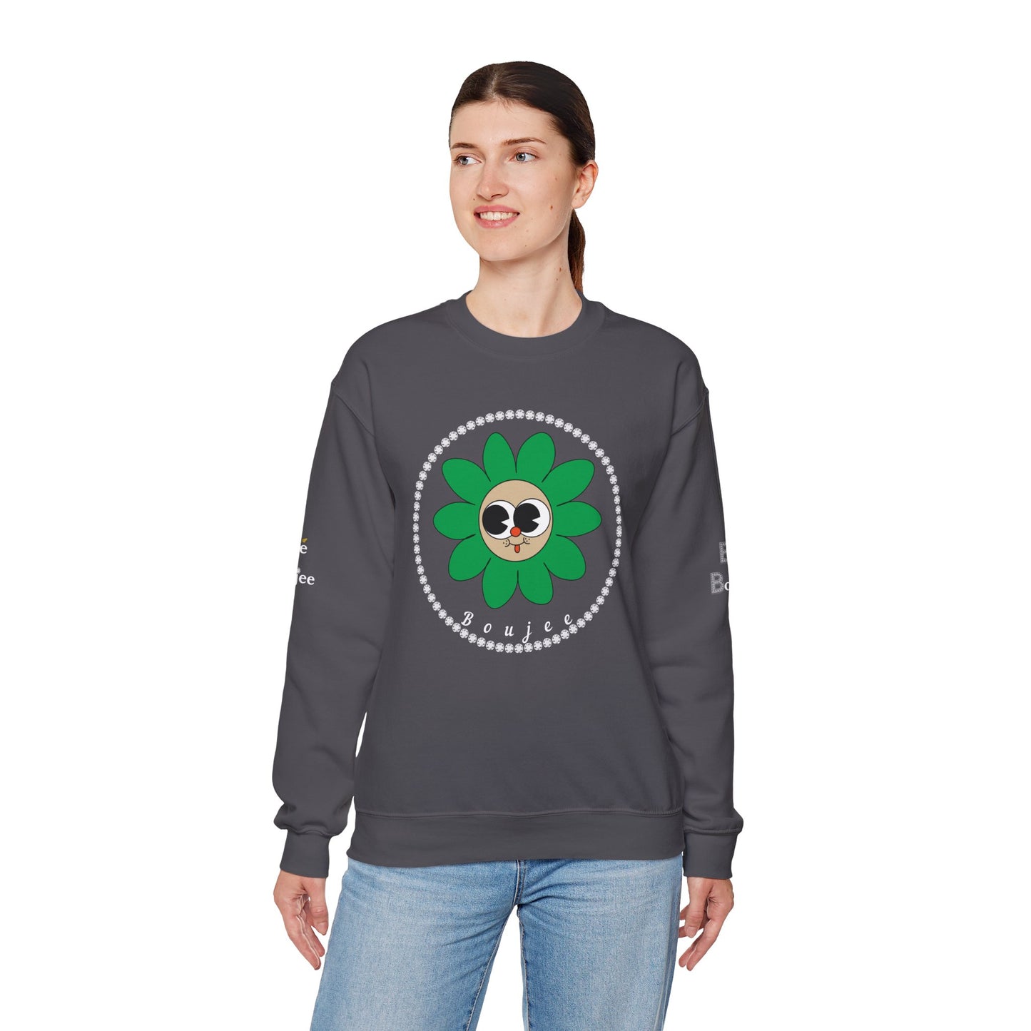 Boujee Flower Smiley Face Green Tan Wide-Eyed - Heavy Blend™ Dark Colors Crewneck Sweatshirt