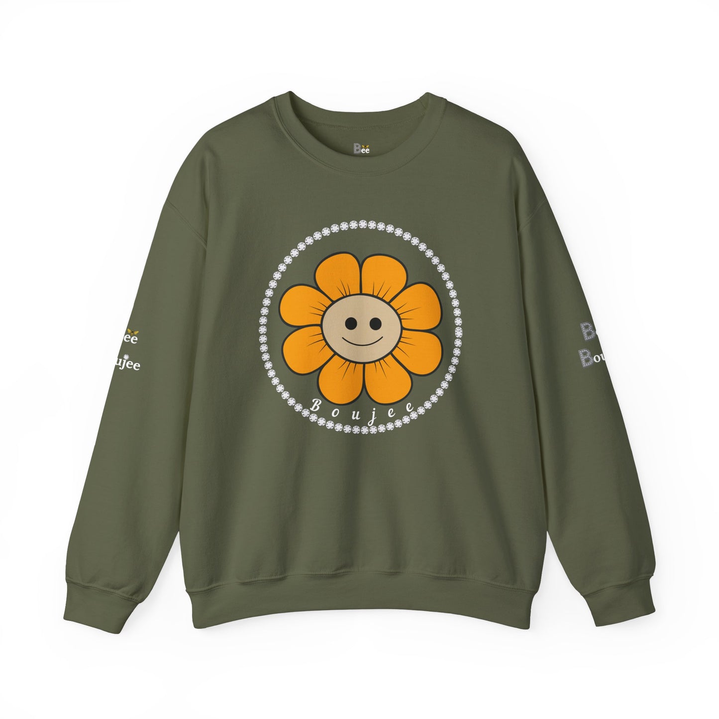 Boujee Flower Smiley Face Gold Tan - Heavy Blend™ Dark Colors Crewneck Sweatshirt