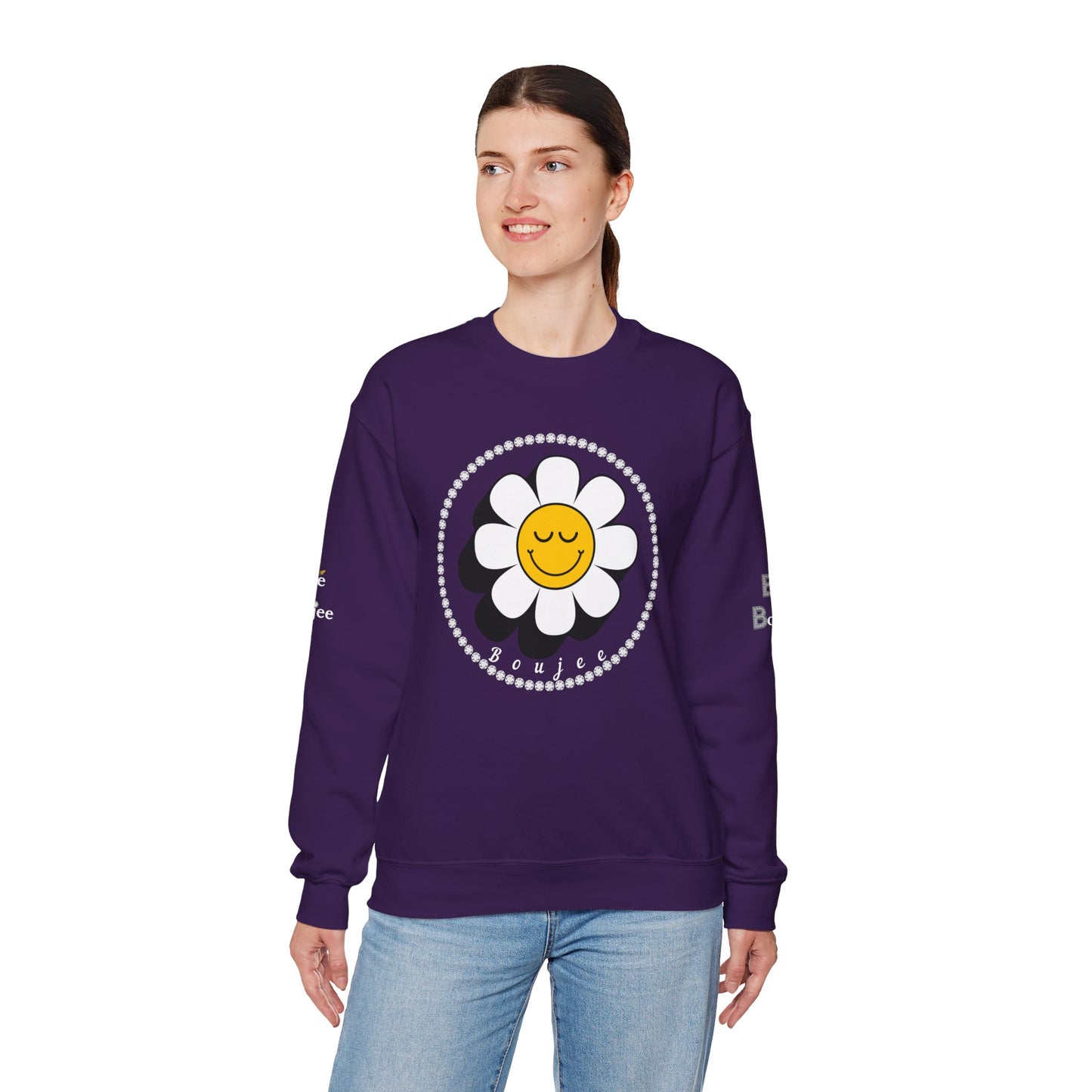 Boujee Flower Smiley Face Closed Eyes - Heavy Blend™ Dark Colors Crewneck Sweatshirt