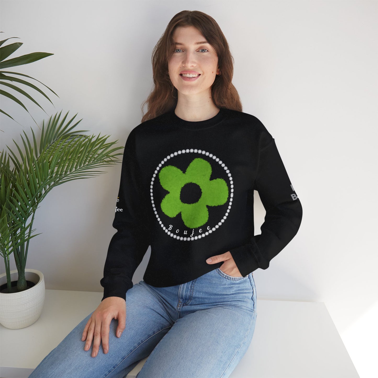 Boujee Fuzzy Green Flower- Heavy Blend™ Dark Colors Crewneck Sweatshirt