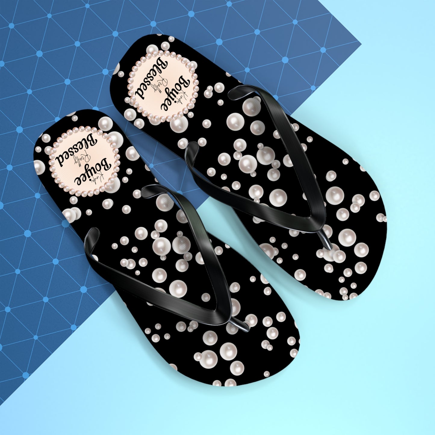 Kinda Boujee Really Blessed Flip Flops - BLACK in Sea of Pearls - EXTRA LARGE