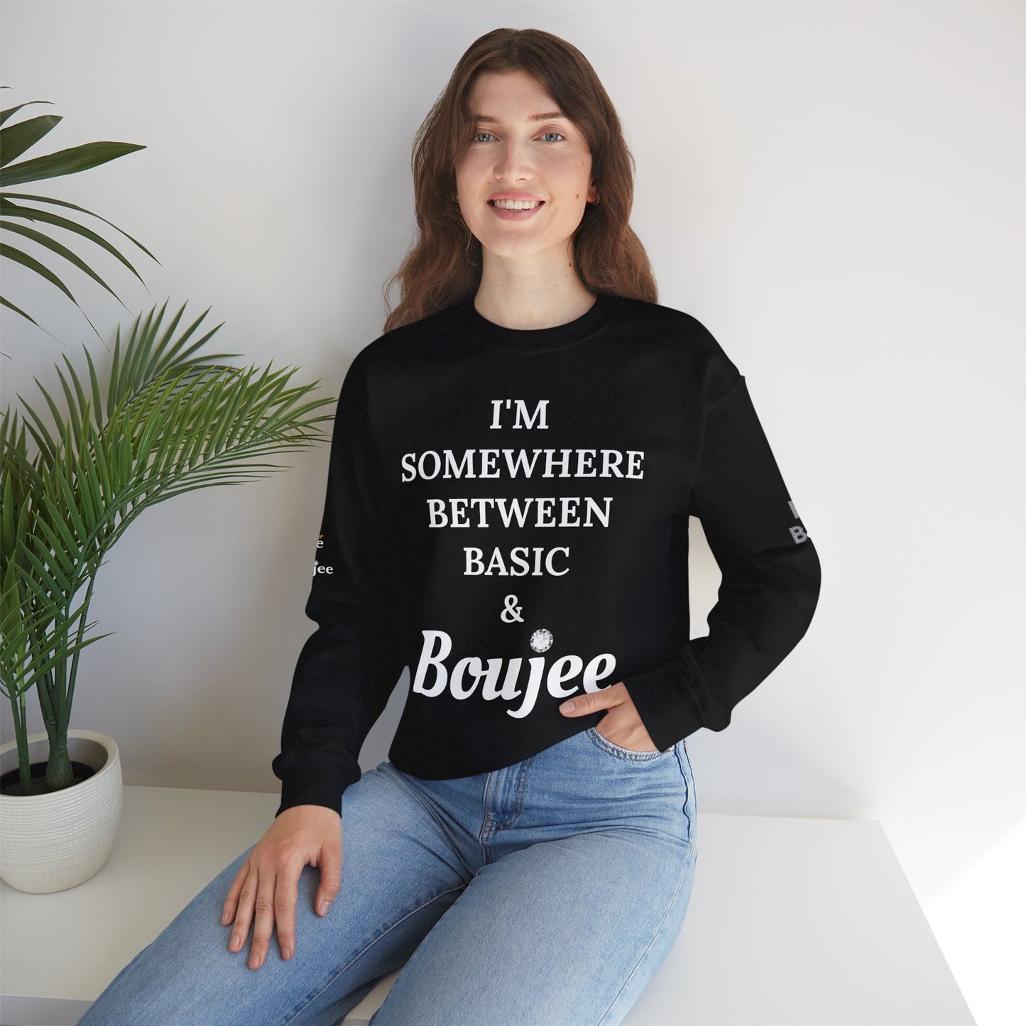 I'm Somewhere Between Basic & Boujee - Heavy Blend™ Dark Colors Crewneck Sweatshirt