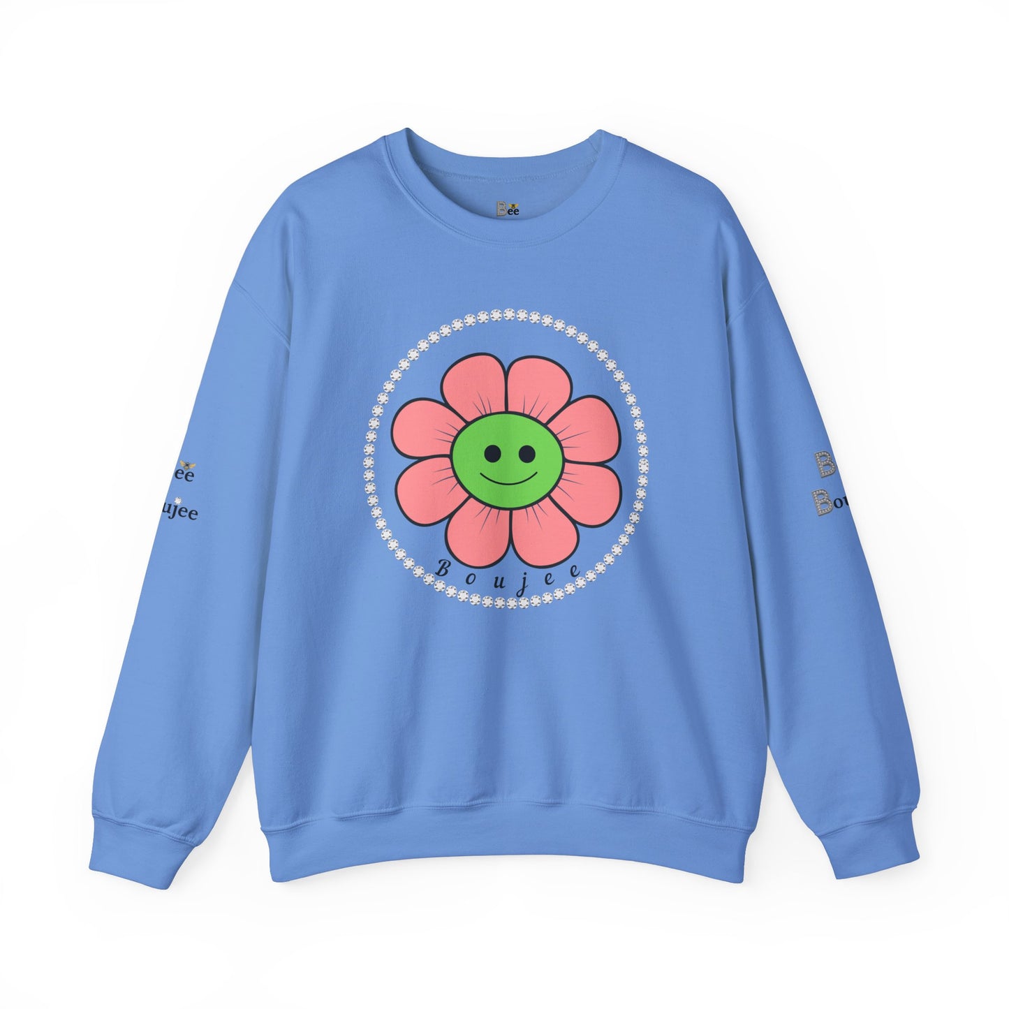 Boujee Flower Smiley Face Pink Green - Heavy Blend™ Light Colors Crewneck Sweatshirt