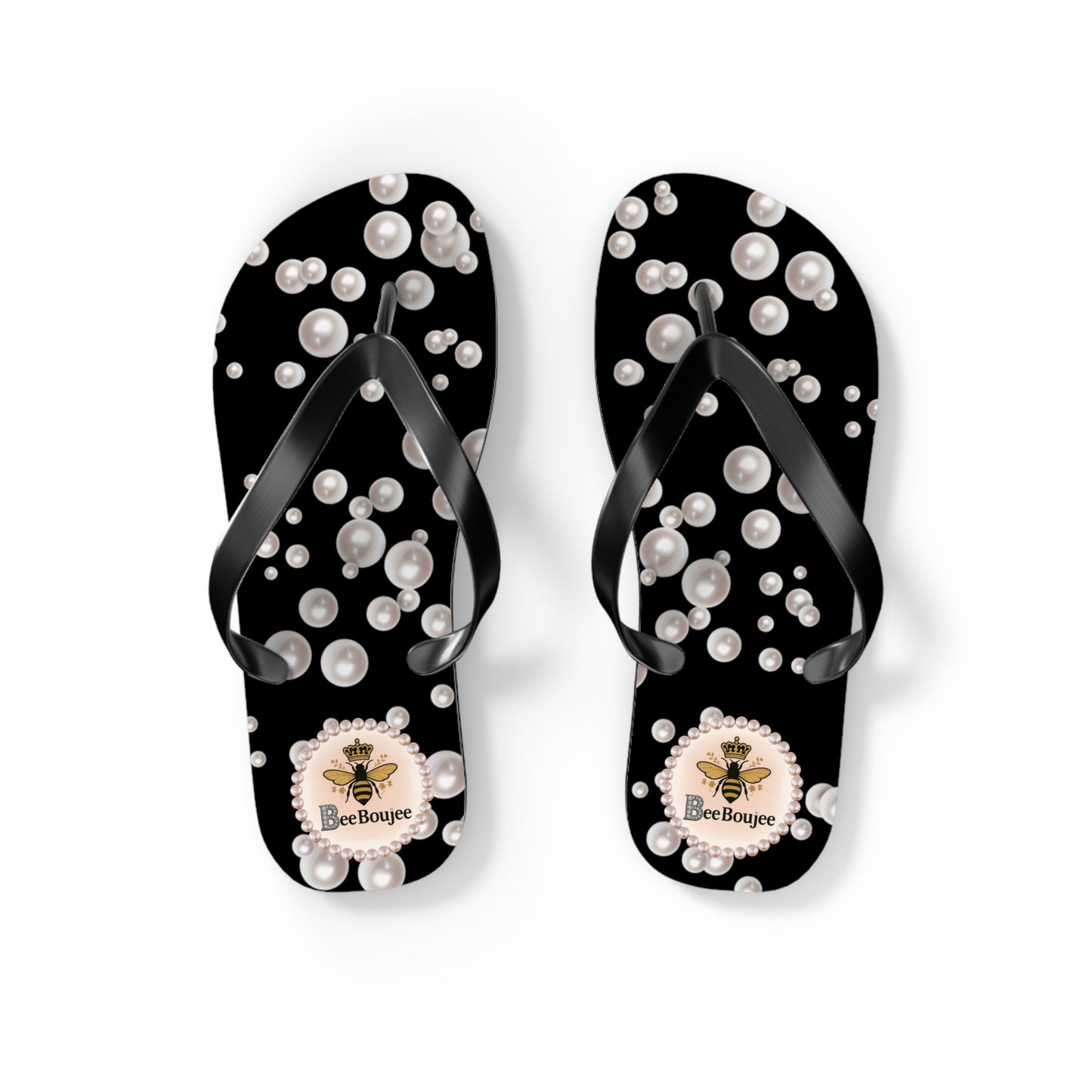 Bee Boujee Crowned-Bee BLACK (Sea of Pearls) Flip-Flops - SMALL